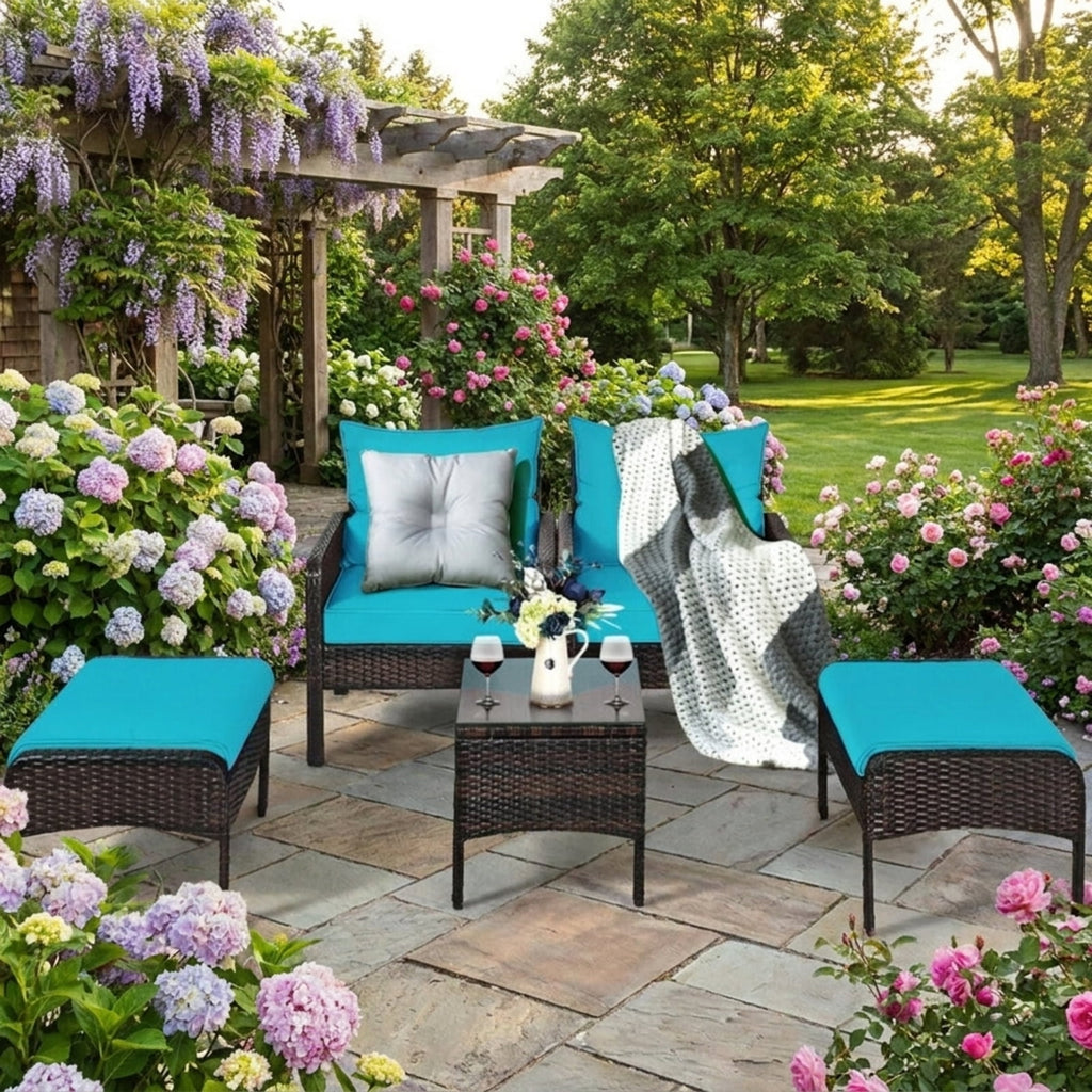Biotree 5 Pieces Patio Rattan Furniture Set Sofa Outdoor Conversation Set for Garden Backyard PorchRed/Turquoise/Beige