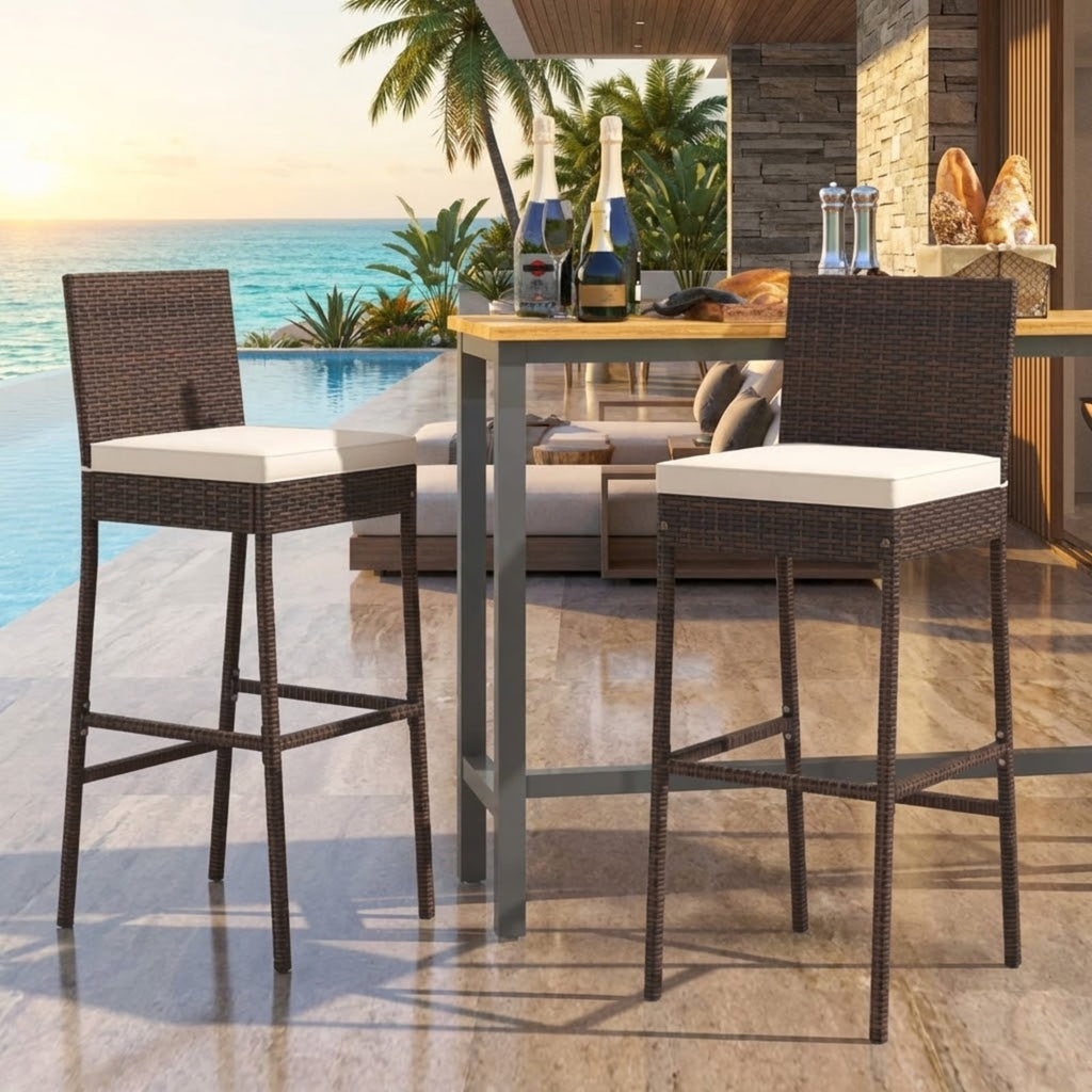 Biotree Set of 4 Patio Wicker Barstools with Seat Cushion and Footrest, PE Rattan Outdoor Bar Height Chairs with Metal Frame for Backyard Deck Garden Poolside, Mix Brown