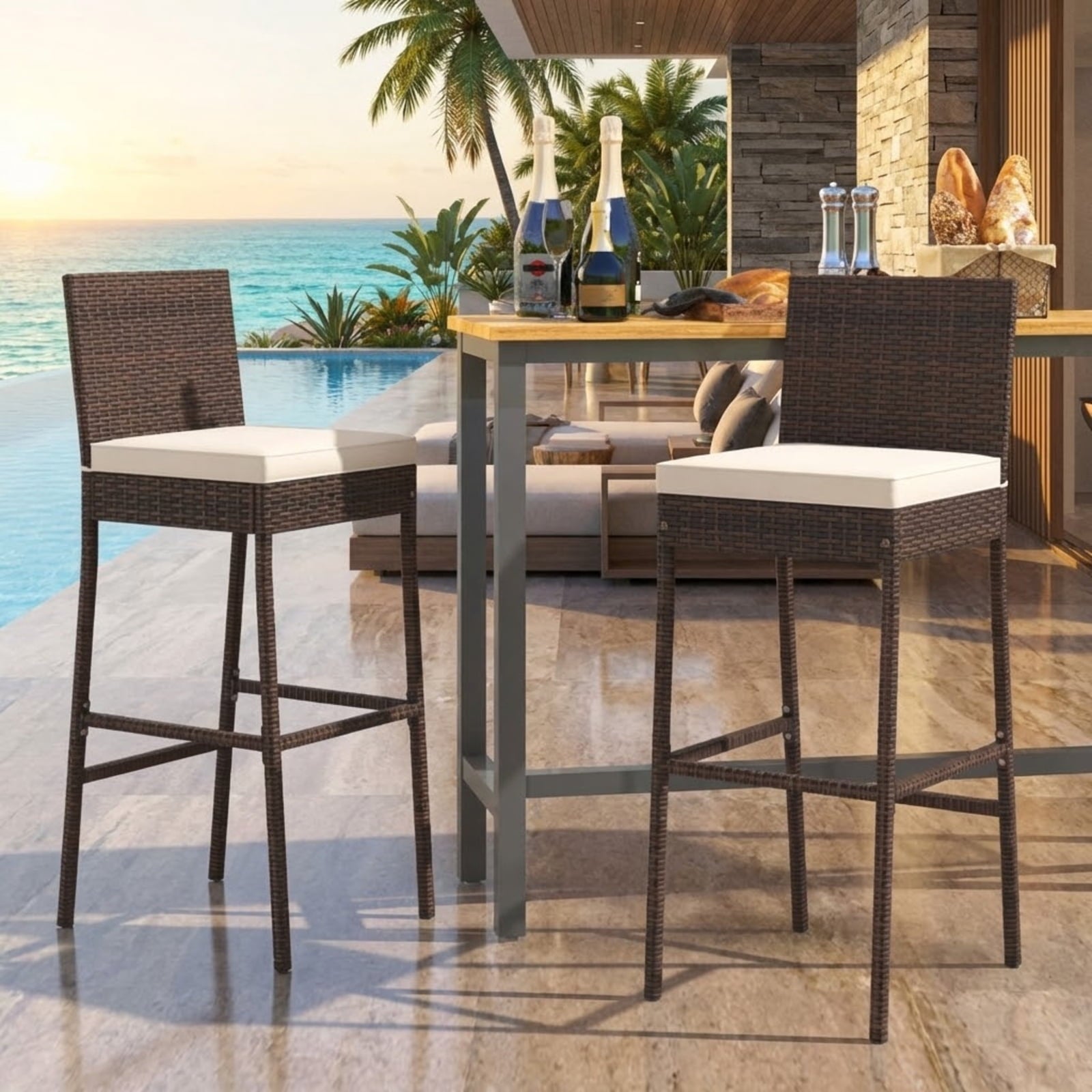 Biotree Set of 4 Patio Wicker Barstools with Seat Cushion and Footrest, PE Rattan Outdoor Bar Height Chairs with Metal Frame for Backyard Deck Garden Poolside, Mix Brown
