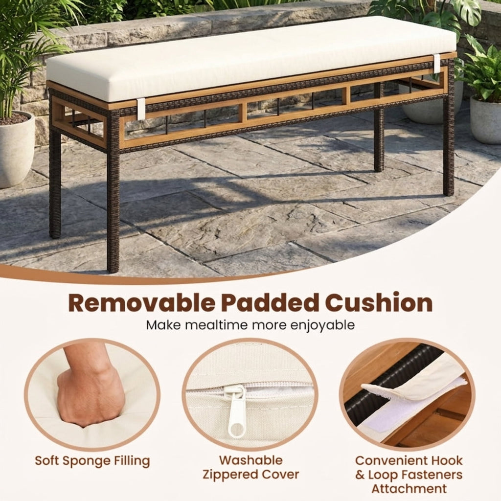 Biotree Wicker Patio Bench for 2 People 48invh Long Backless Dining Bench with Acacia Wood SeatWhite