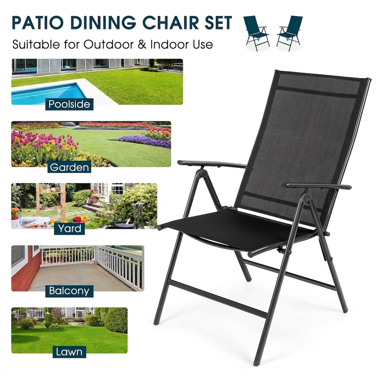 Biotree 2-Pack Adjustable Folding Patio Recliner Chairs-Black