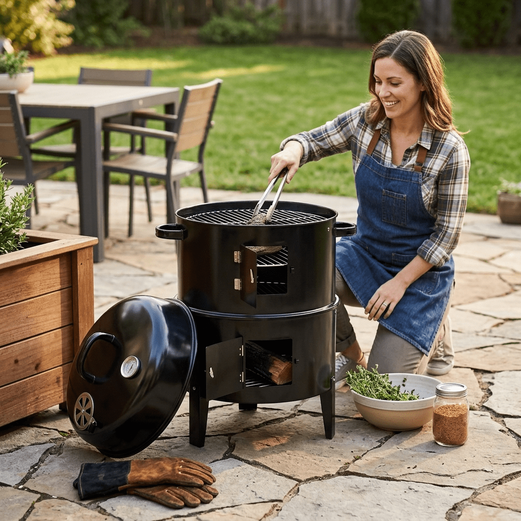 Biotree Outdoor Vertical Charcoal Grill with Lid, Smokeless BBQ Smoker, 360¡ã Even Heating Wood Fired Grill, Charcoal BBQ Cooker for Backyard Patio Camping Cooking Black