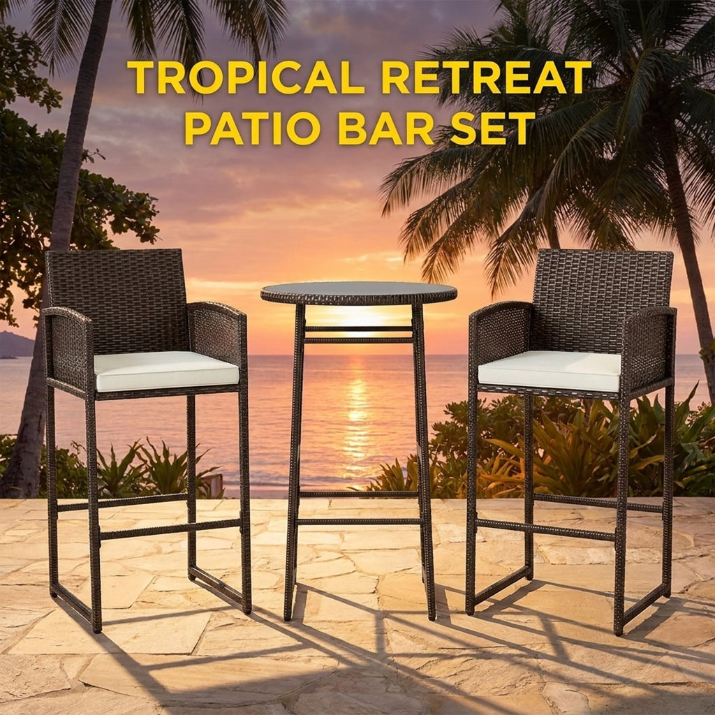 Biotree 3-Piece Patio Bar Set with Round Glass Table and Rattan Armchairs, White - Outdoor Patio Bar Height Furniture Set for Deck Garden