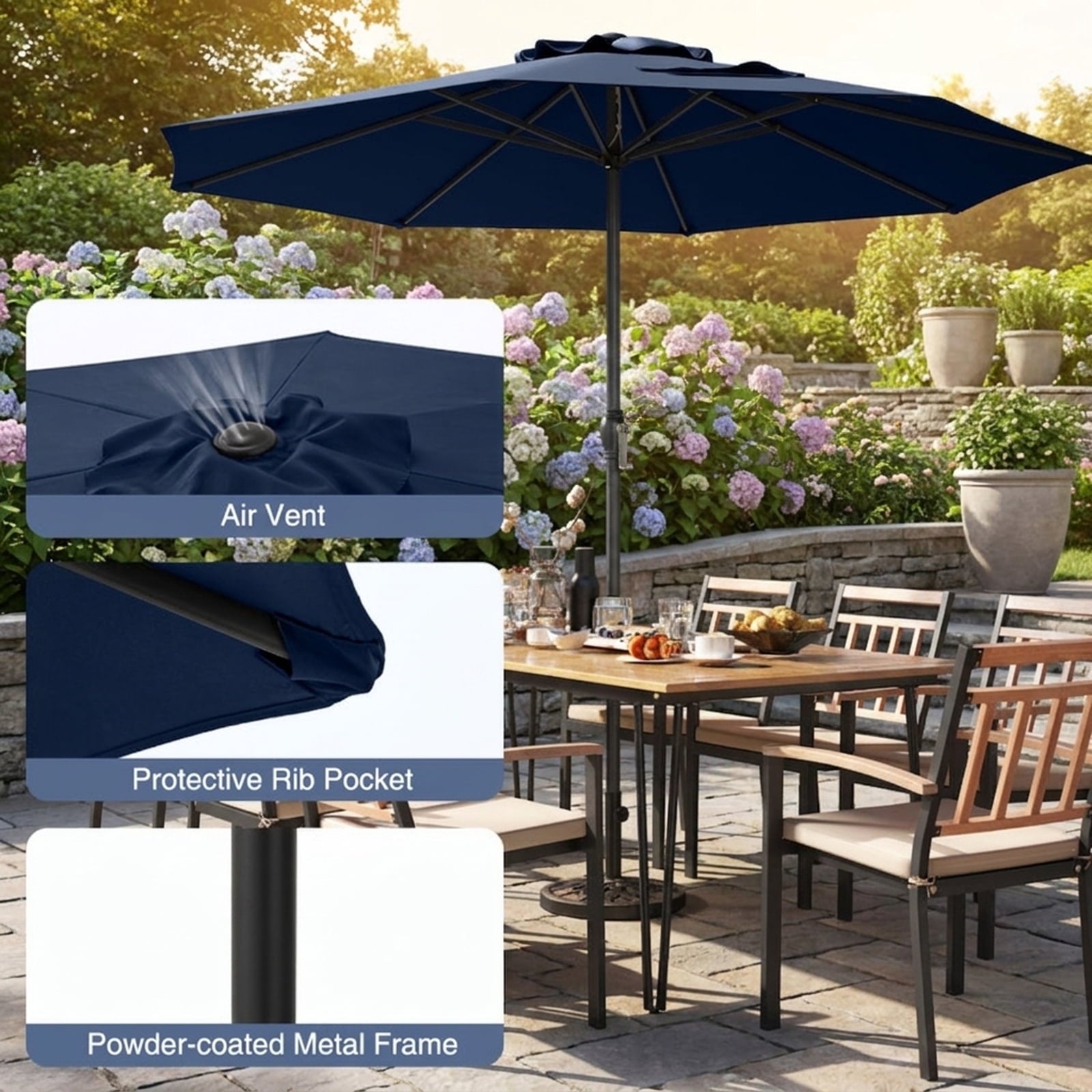 Biotree 8.5 ft Market Patio Umbrella with Crank and Tilt, 8 Sturdy Ribs, Vented Canopy - Navy Blue for Backyard