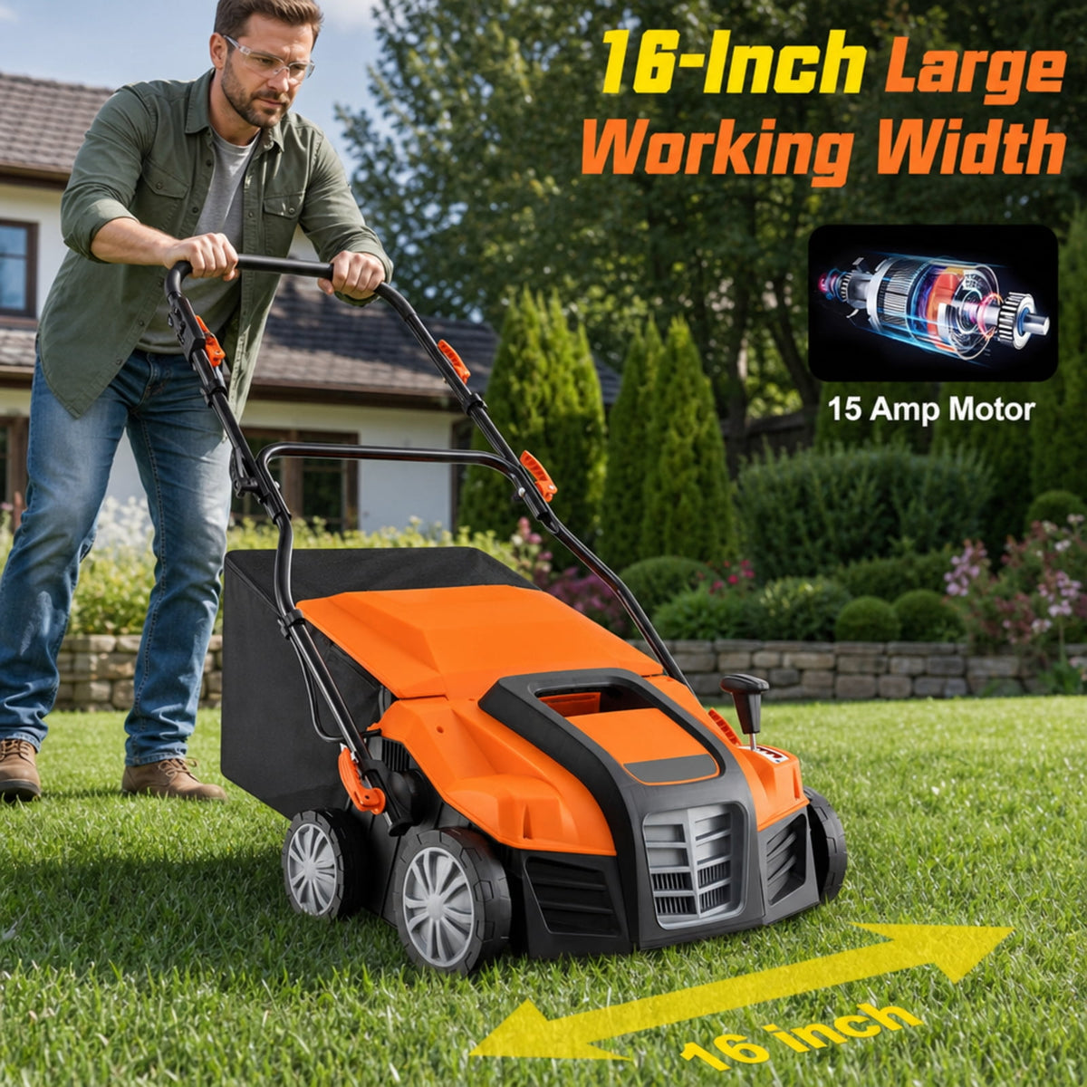 Biotree 16" 15 Amp Electric Lawn Dethatcher, 2-in-1 Corded Lawn Scarifier - Electric Lawn Rake with 6L Collection Bag, 4-Position Height Adjustment for Lawn Renovation Grass Care Orange