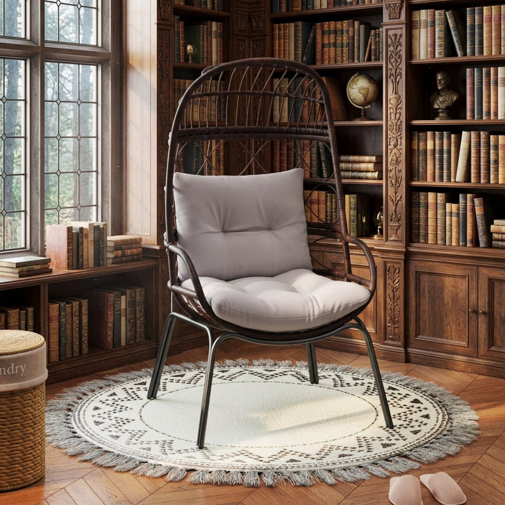 Biotree Patio Wicker Egg Chair Outdoor Rattan Lounge Basket with Seat and Back Cushions Stackable Patio Chair for Garden BackyardBrown