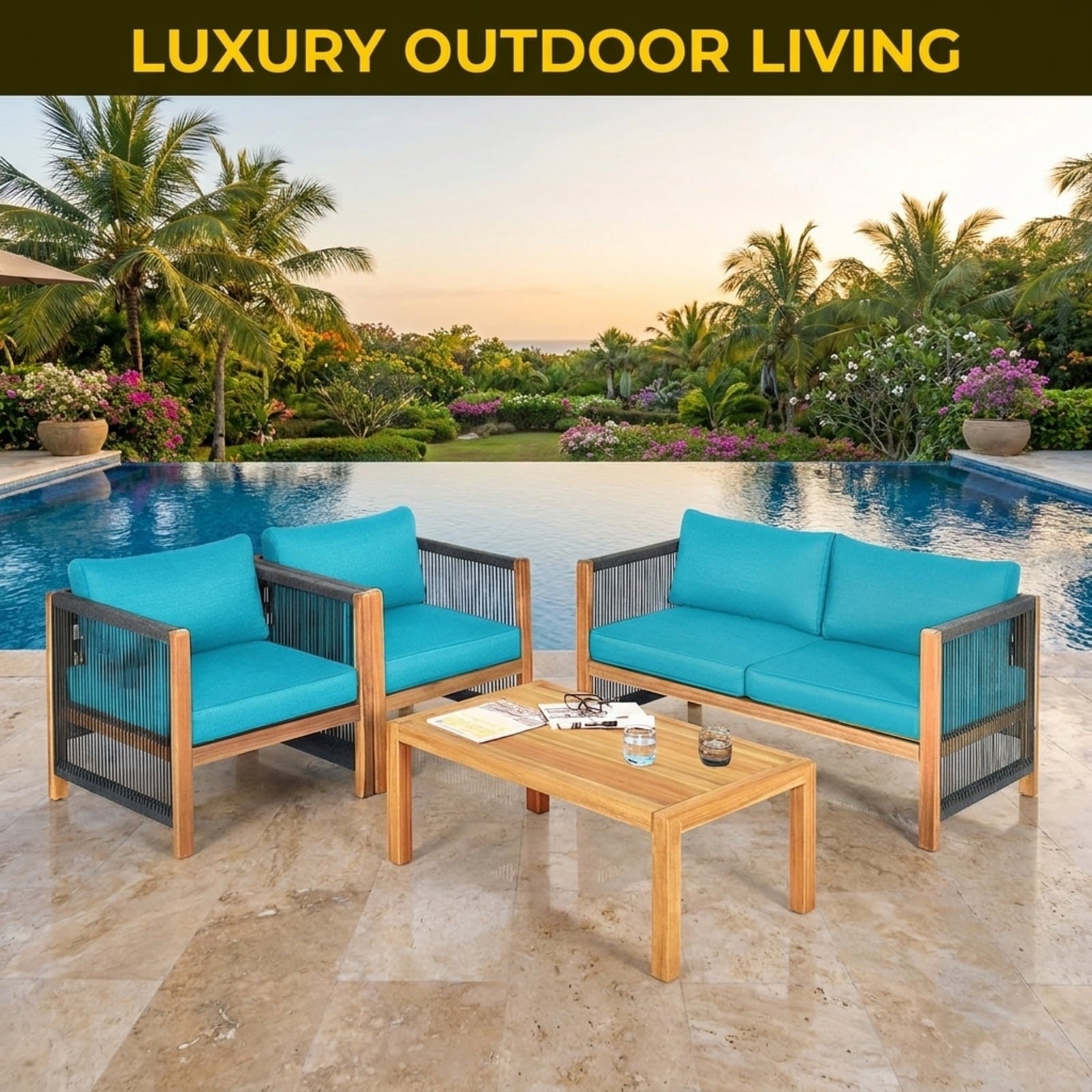 Biotree 4 Pieces Rattan Patio Furniture Set with Weather Resistant Cushions and Tempered Glass TabletopNavy
