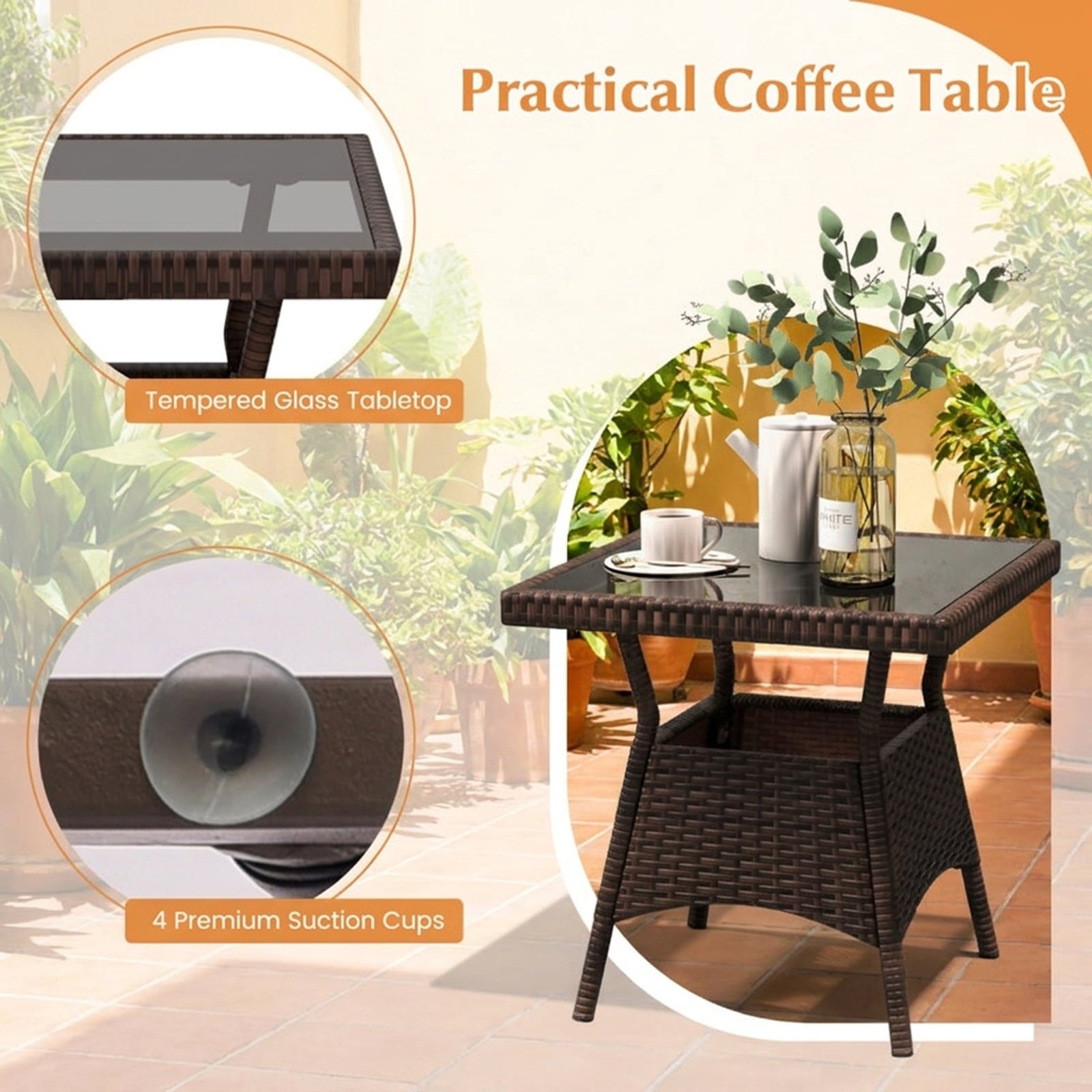 Biotree 3 Piece Outdoor Rocking Set with Tempered Glass Coffee Table for Backyard Poolside Outdoor Conversation Set for Garden Backyard PorchBrown