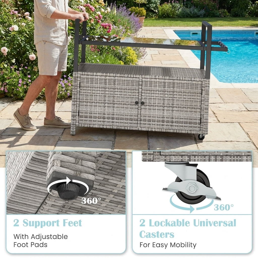 Biotree Outdoor Wicker Bar Cart with Cabinet and 8 Hooks Rolling Patio Serving Cart for Backyard Entertaining, Gray