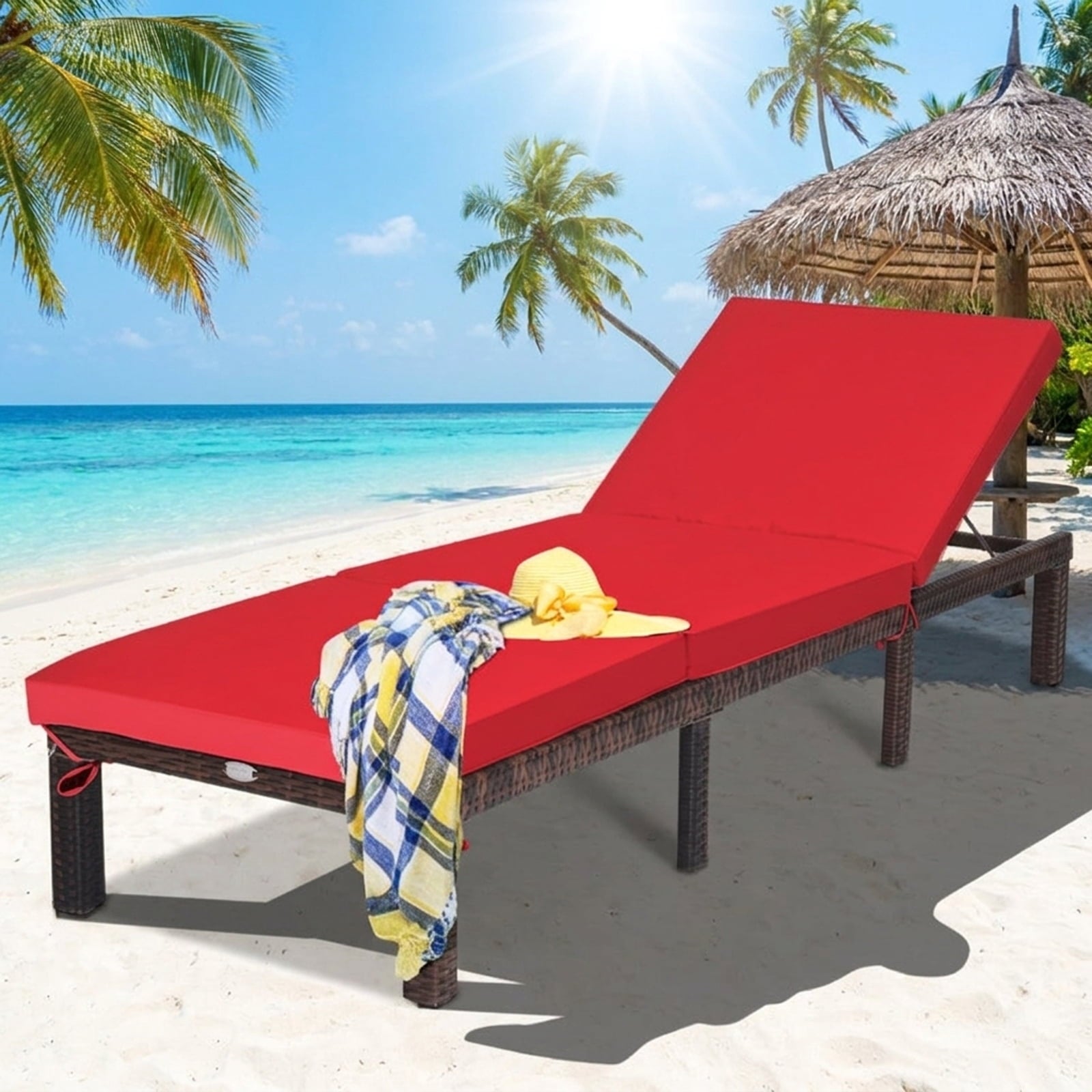 Biotree Outdoor Rattan Adjustable Cushioned Chaise Stackable Patio Chair for Garden BackyardRed