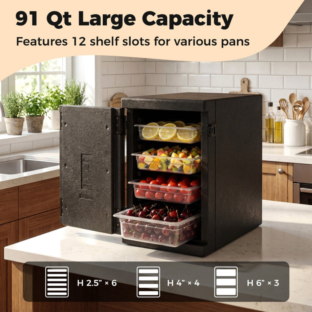 Biotree 91 Qt Insulated Food Pan Carrier with Safety Buckles and Shelf Dividers, Black