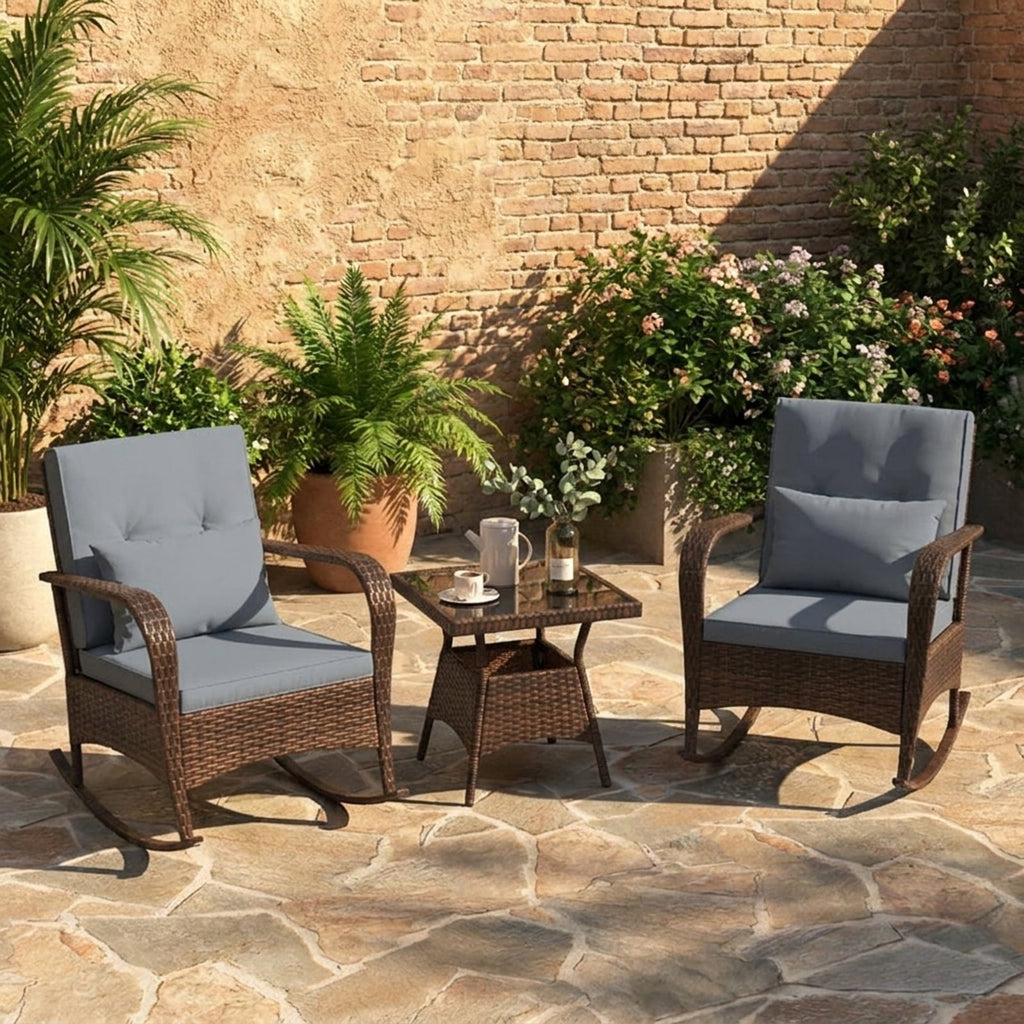 Biotree 3 Piece Outdoor Rocking Set with Tempered Glass Coffee Table for Backyard Poolside Outdoor Conversation Set for Garden Backyard PorchGray