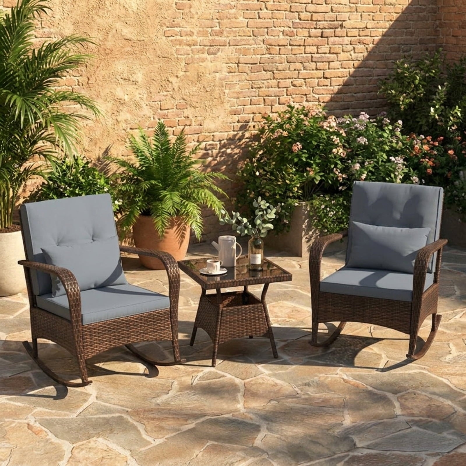 Biotree 3 Piece Outdoor Rocking Set with Tempered Glass Coffee Table for Backyard Poolside Outdoor Conversation Set for Garden Backyard PorchGray