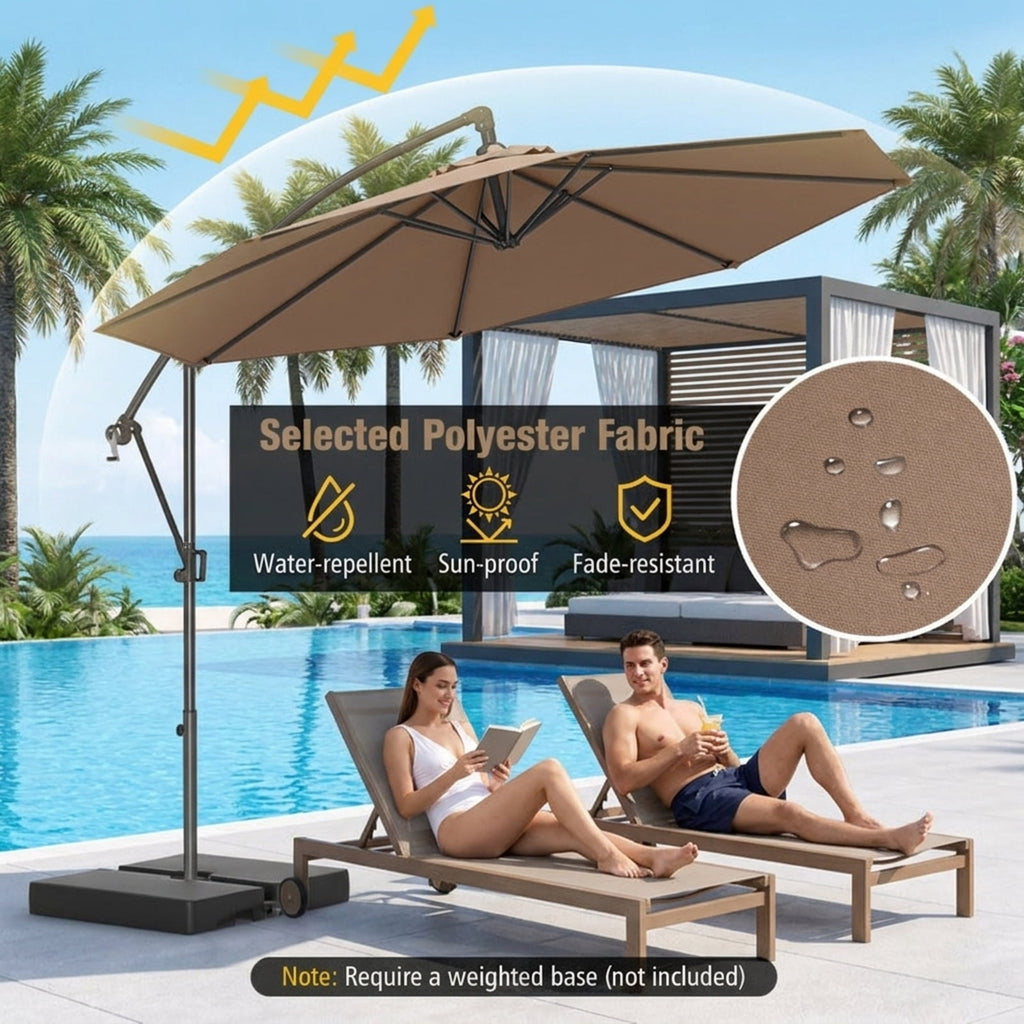 Biotree 10 ft Cantilever Patio Umbrella Offset Hanging with Cross Base, 8 Ribs - Beige for Backyard Garden Poolside