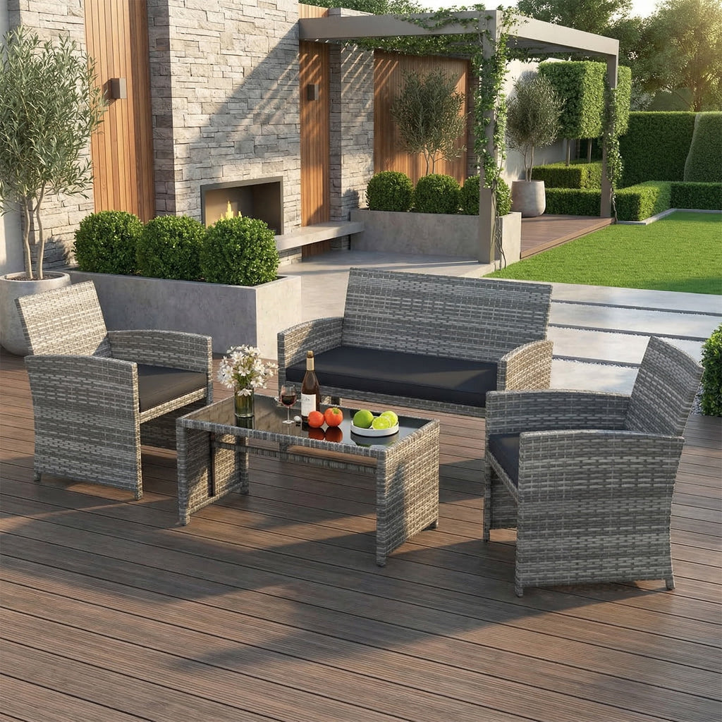 Biotree 4-Piece Patio Rattan Loveseat and Table Set-Black