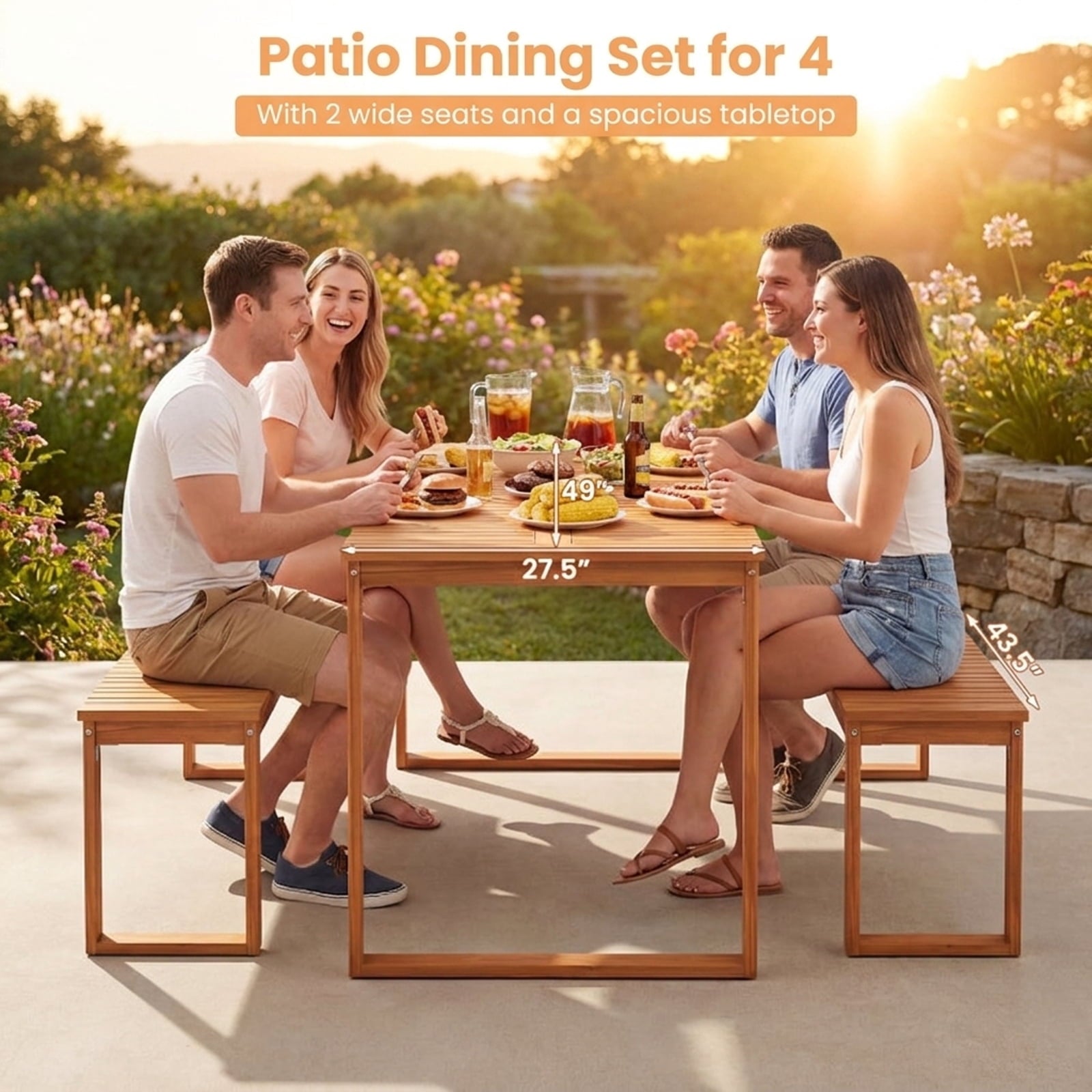 Biotree Acacia Wood Outdoor Garden Bench Set of 1/2 with Slatted Seat for Front Porch-Set of 2Natural