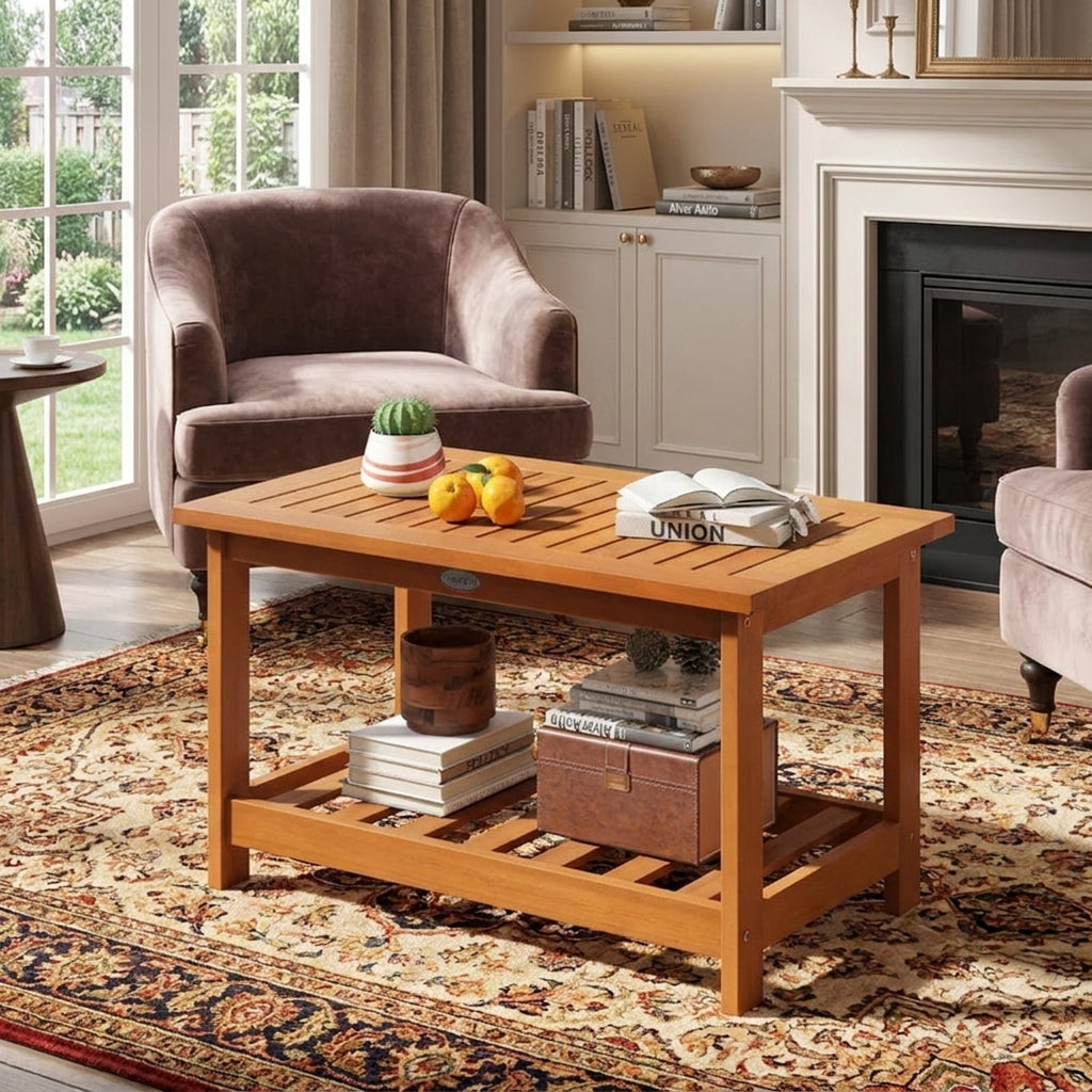Biotree Patio Acacia Wood Coffee Table 2-Tier Rectangular Center Table, Natural