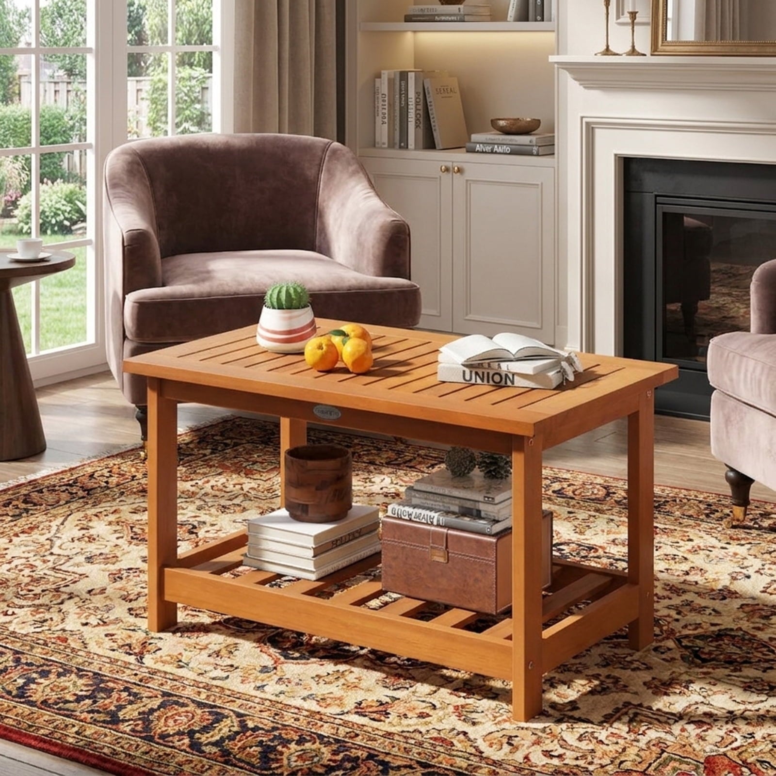 Biotree Patio Acacia Wood Coffee Table 2-Tier Rectangular Center Table, Natural