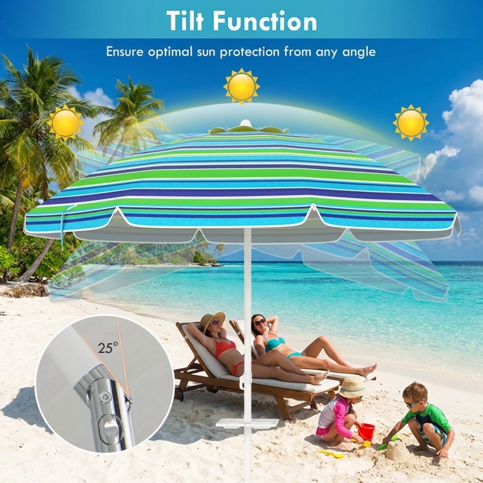 Biotree 7.2 ft Portable Beach Umbrella with Carrying Bag, 8 Ribs, Sand Tilt Mechanism - Green for Backyard