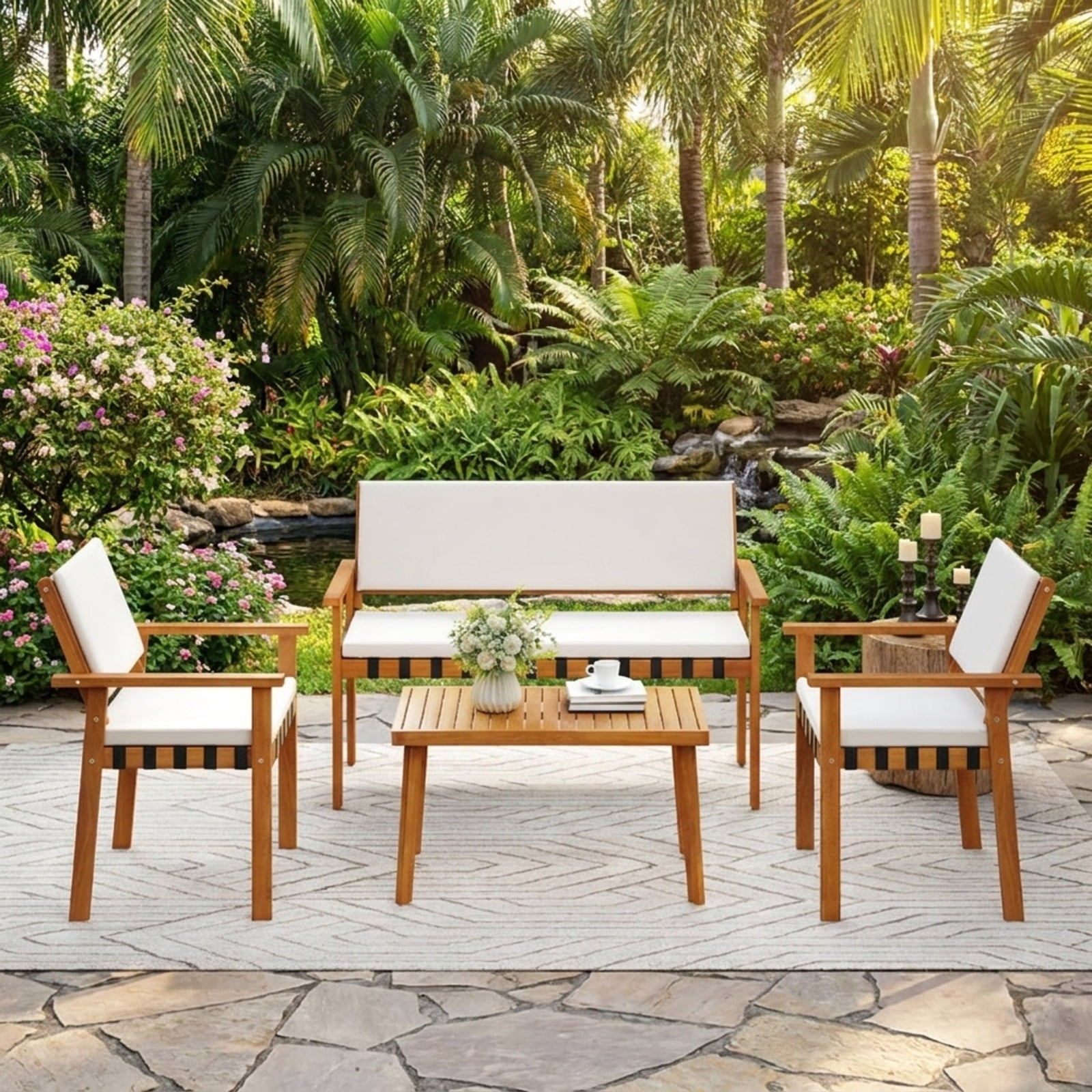 Biotree 4 Piece Patio Furniture Set with Coffee Table for Backyard and Garden Outdoor Conversation Set for Garden Backyard PorchWhite