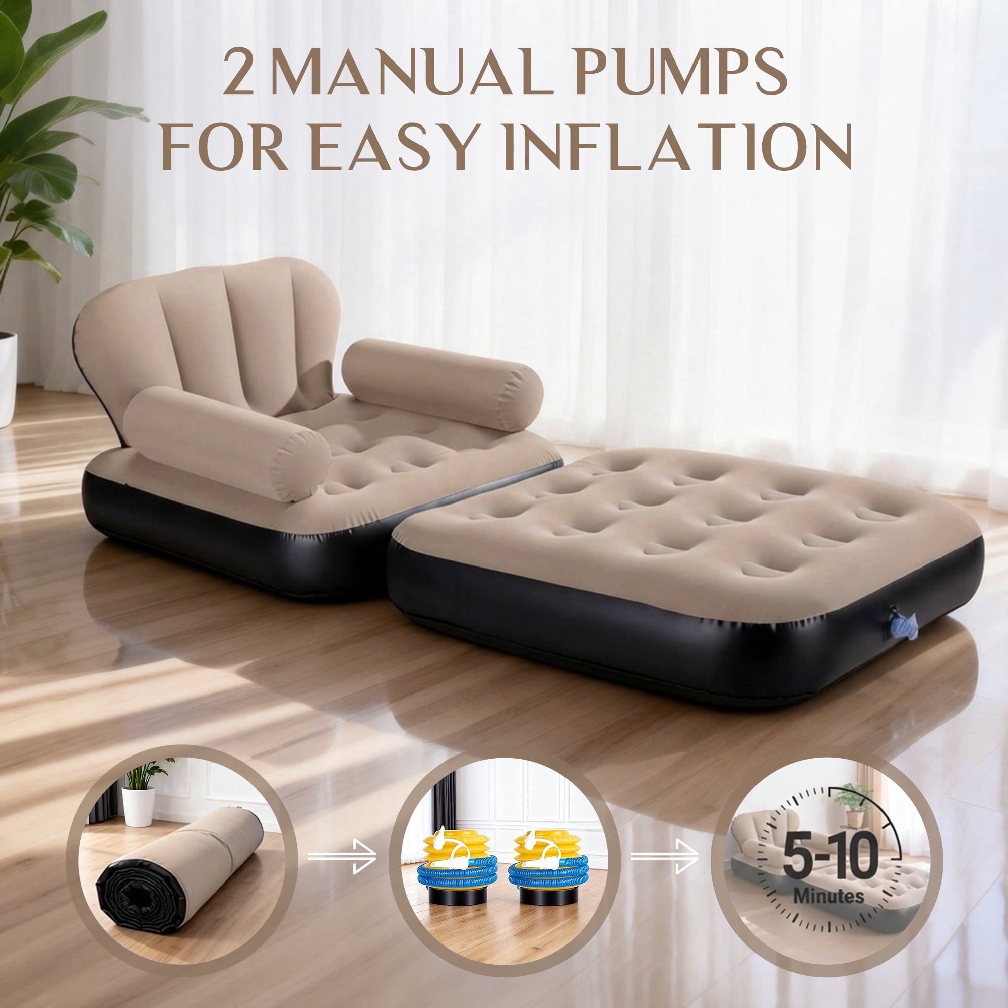 Biotree Inflatable Sofa Bed, 5-in-1 Foldable Thickened Flocked PVC Blow up Sofa with 2 Pumps, Air Couch Mattress for Camping,Brown
