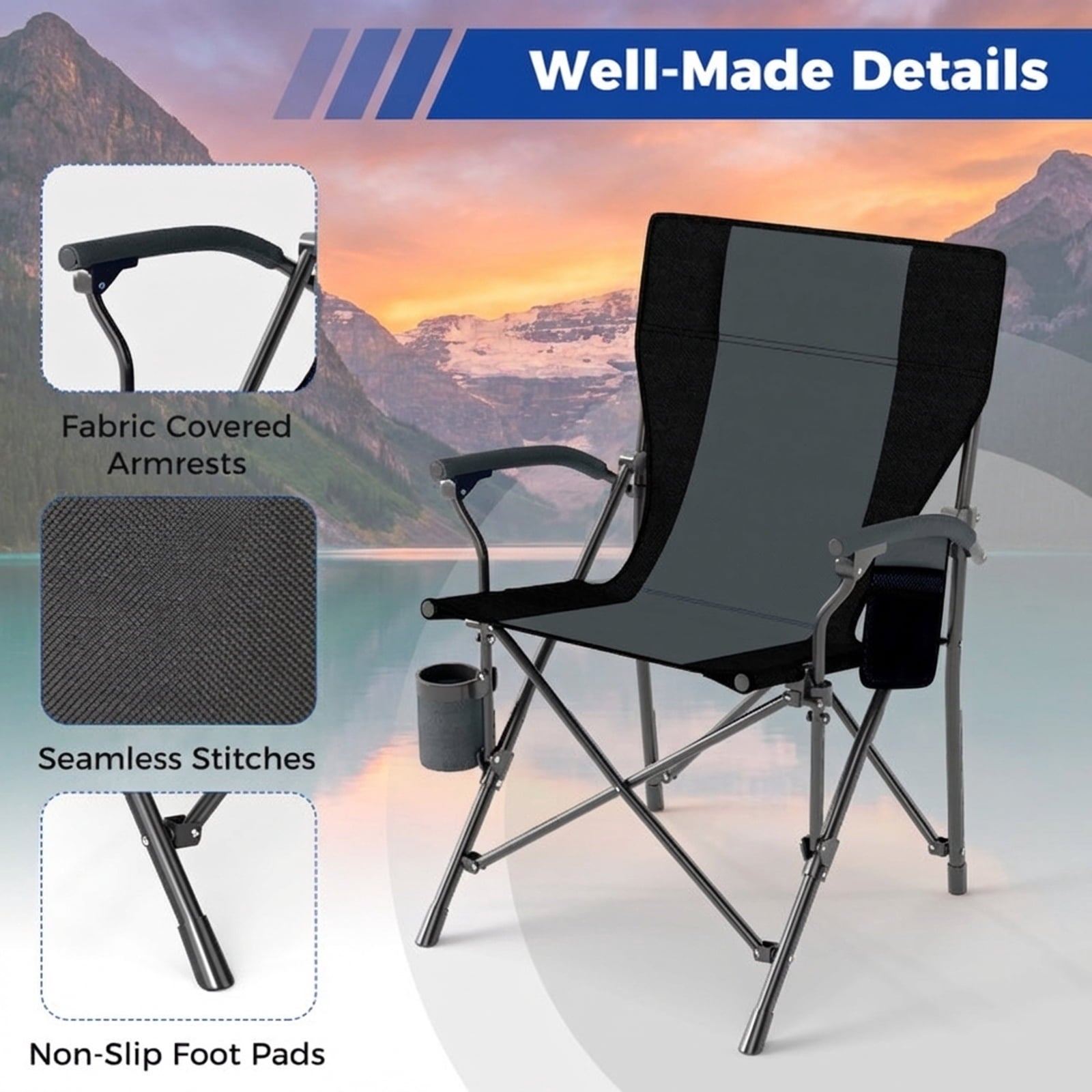 Biotree Lightweight Portable Folding Camp Chair with Cup Holder and Side Pocket Heavy Duty 350 lb Capacity Outdoor Chair, Gray