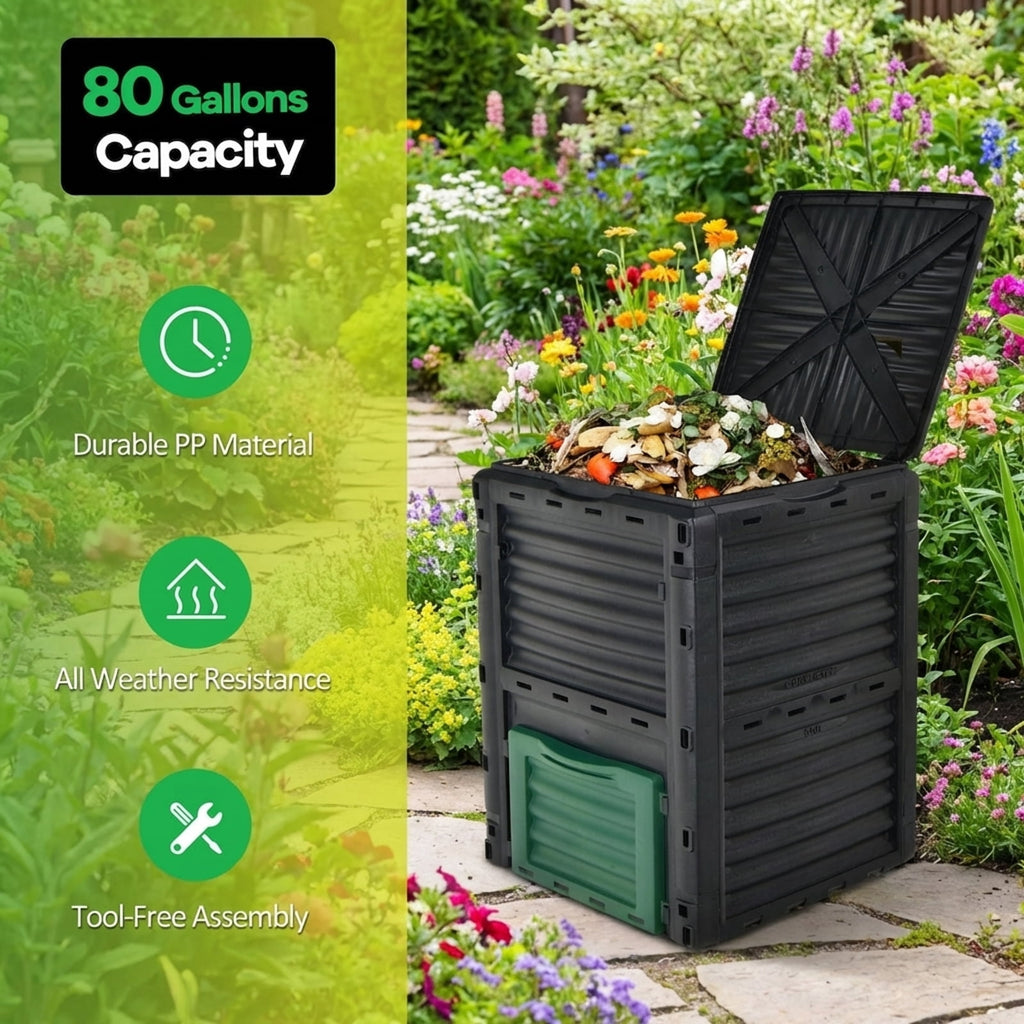 Biotree 80-Gallon Outdoor Composter with Large Openable Lid and Bottom Exit Door-Green Garden Organic