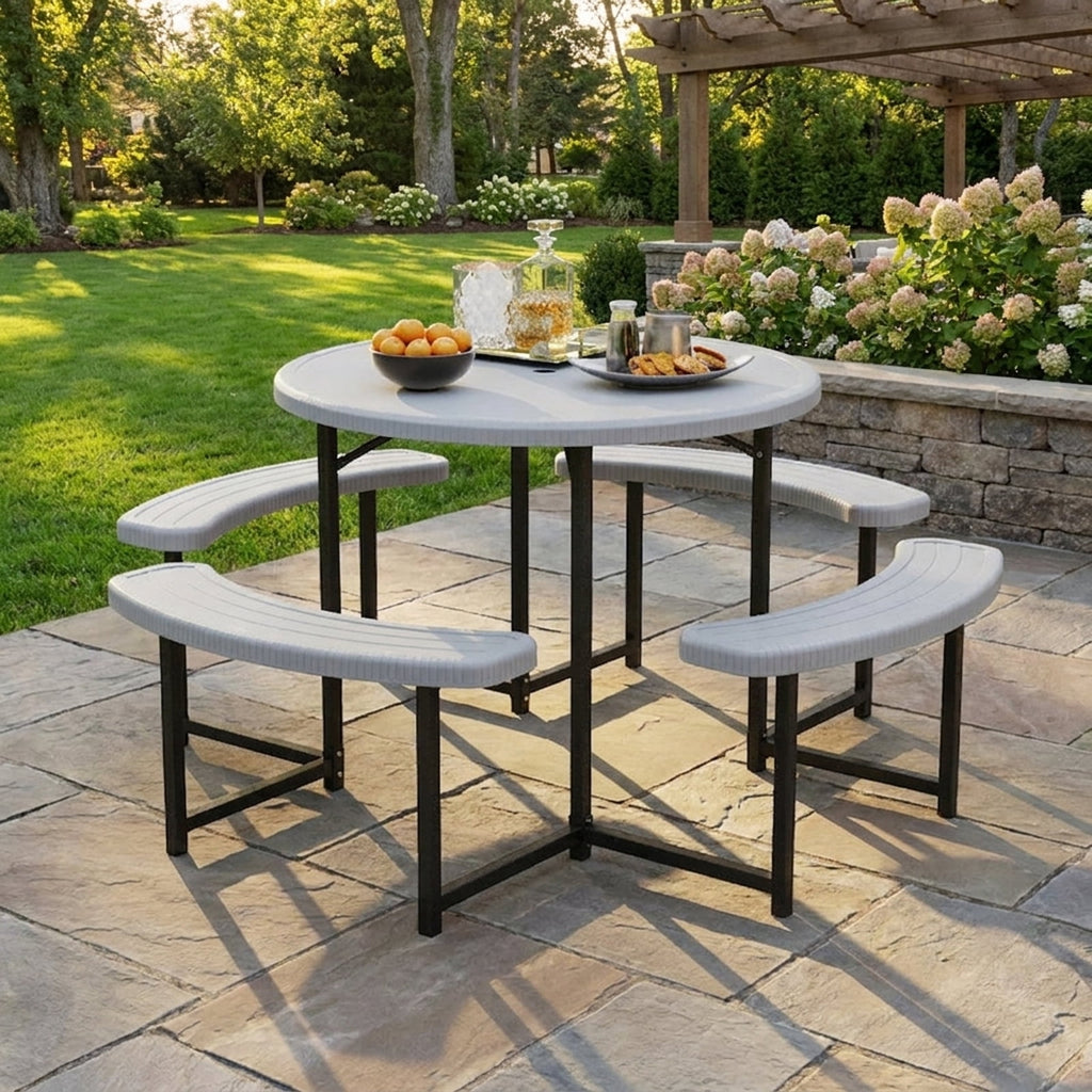 Biotree 62-Inch Round Picnic Table Bench Set with 4 Benches and Umbrella Hole for Patio Lawn, White