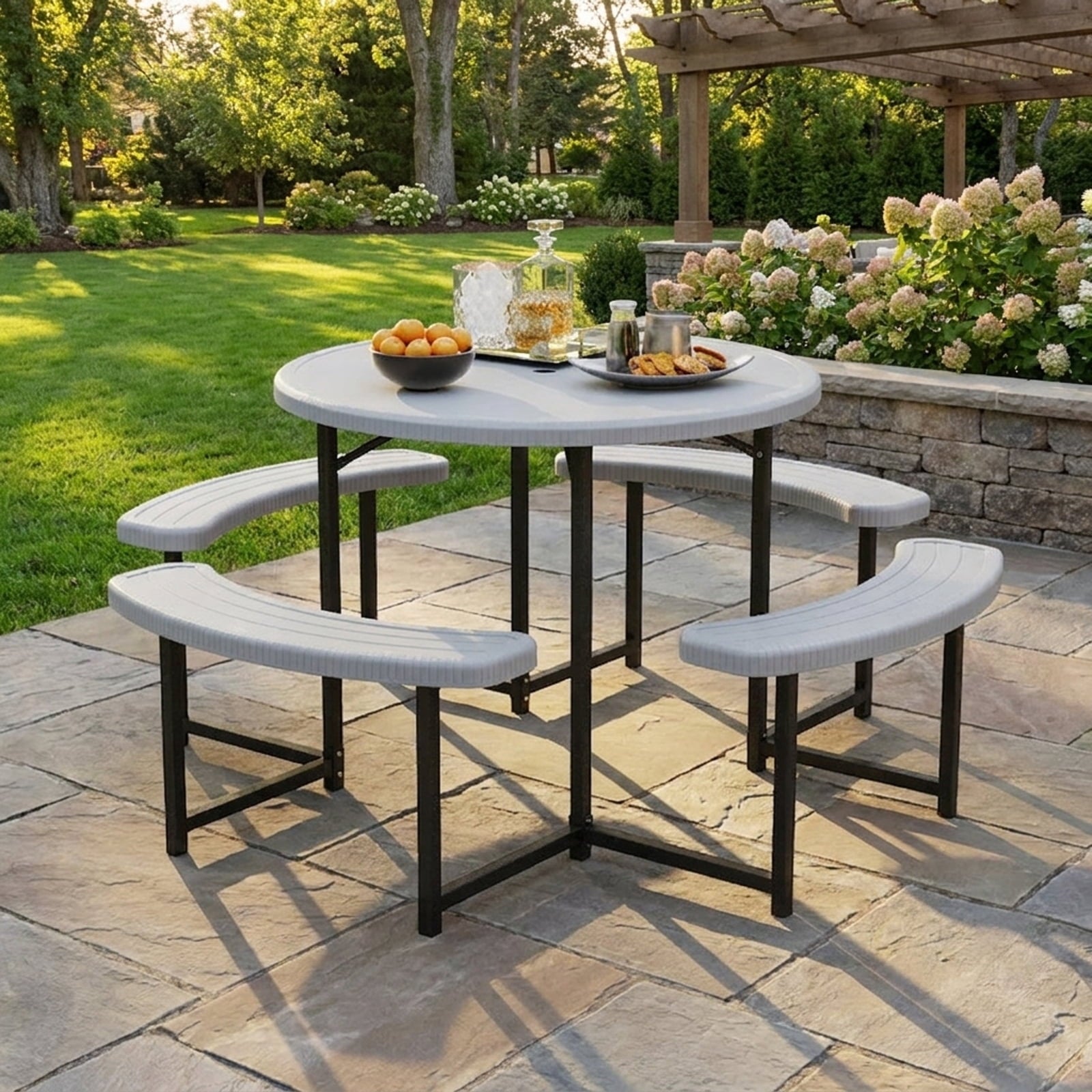 Biotree 62-Inch Round Picnic Table Bench Set with 4 Benches and Umbrella Hole for Patio Lawn, White