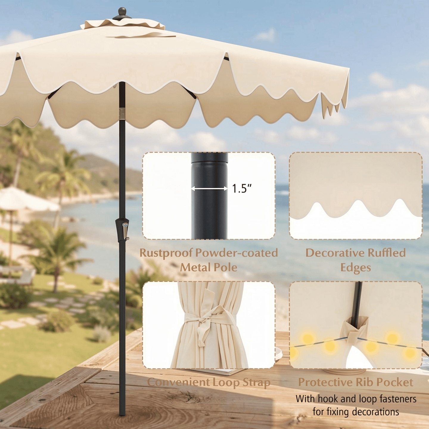 Biotree 9 Feet Patio Umbrella with Crank Handle and Push Button Tilt-Beige - Outdoor Patio Garden Sun Shade