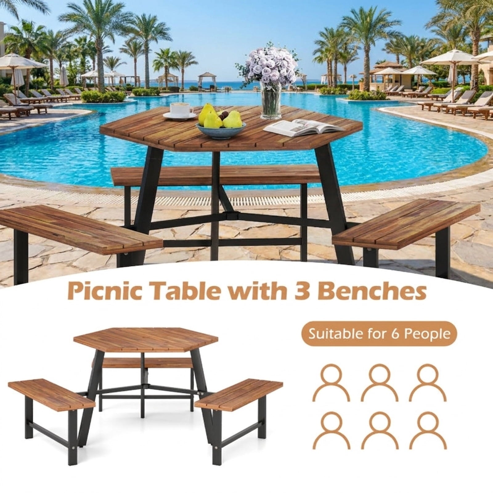 Biotree 75-Inch 6 Person Acacia Wood Picnic Table Bench Set with 3 Seats with 1.97" Umbrella Hole, Black
