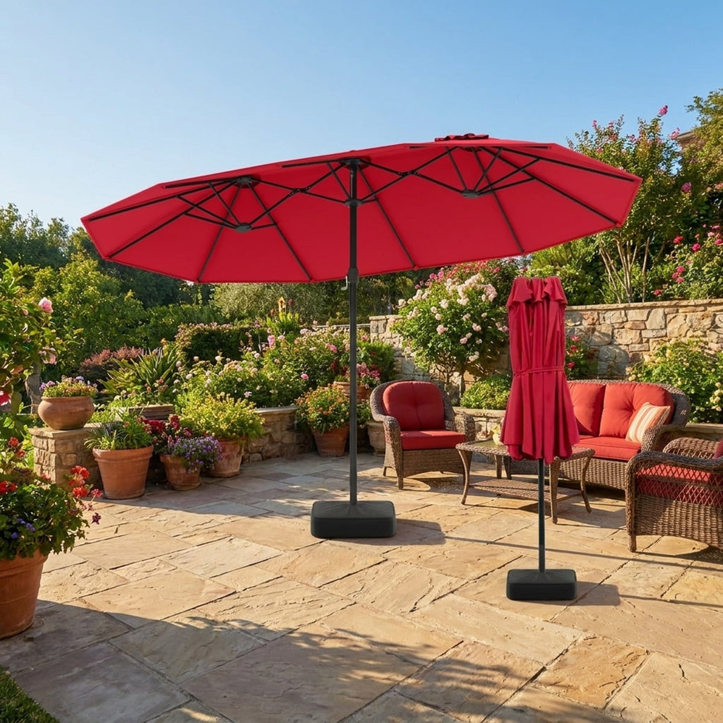 Biotree 15 ft Double-Sided Twin Patio Umbrella Crank Tilt Outdoor Shade - Red - UV Protection with Cross Base