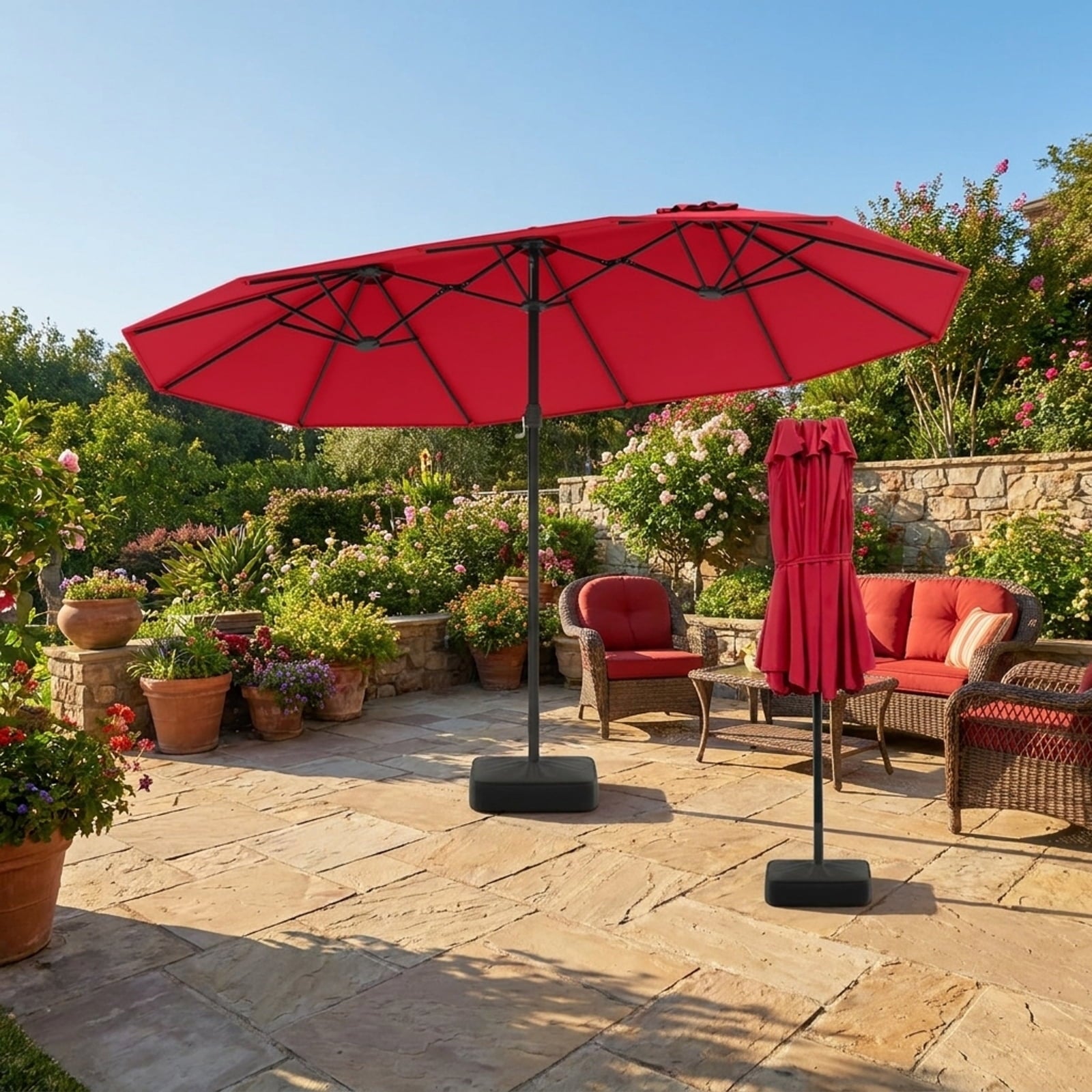 Biotree 15 ft Double-Sided Twin Patio Umbrella Crank Tilt Outdoor Shade - Red - UV Protection with Cross Base