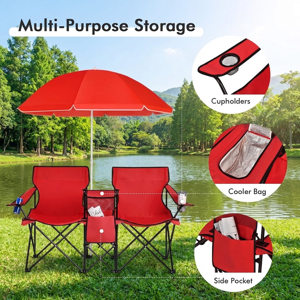 Biotree Double Camping Chair with Removable Umbrella Portable Folding Loveseat with Cooler Bag and Cup Holders for Beach Picnic, Red