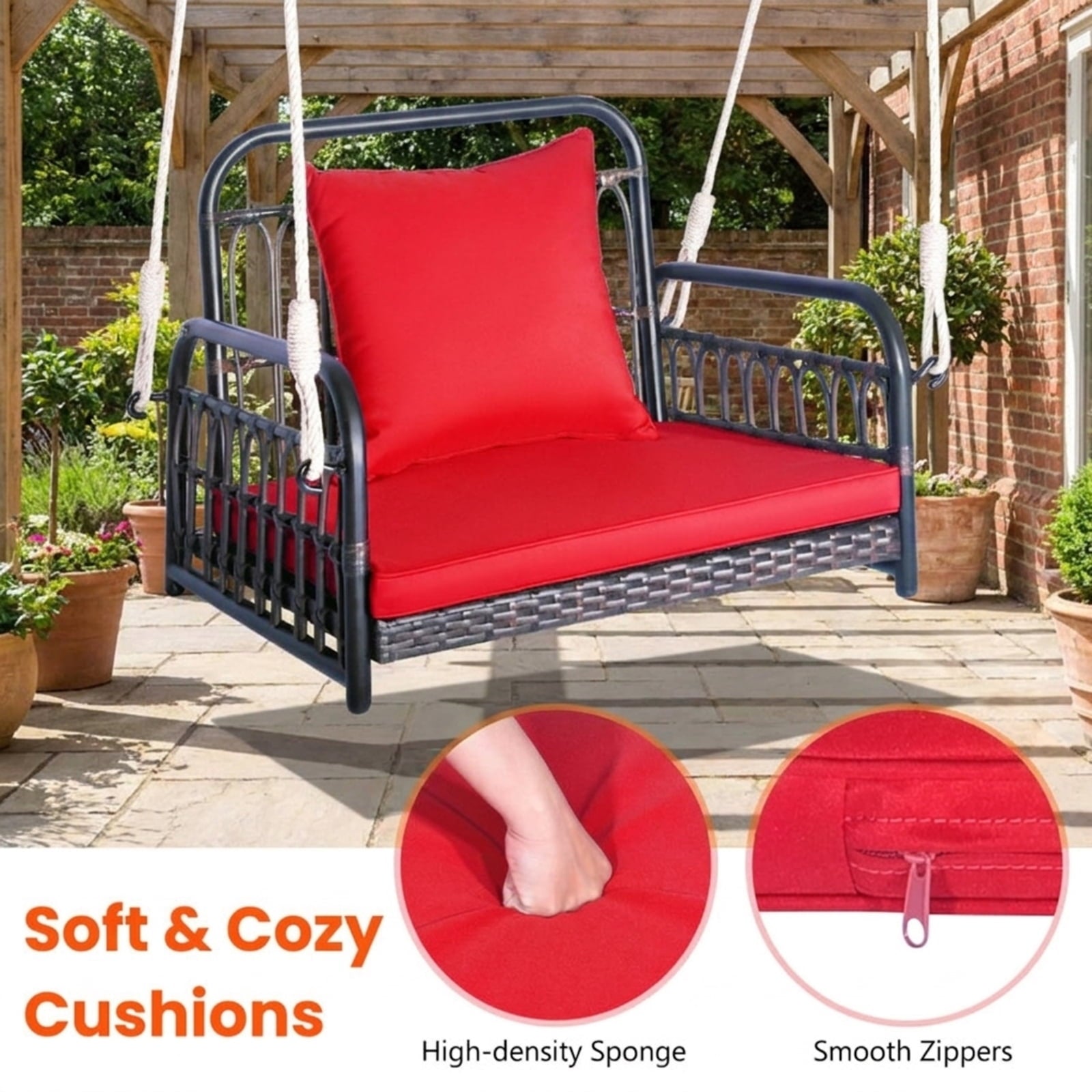 Biotree Patio Rattan Porch Swing Hammock Chair with Seat Cushion for Patio Porch Garden Backyard Outdoor, Red