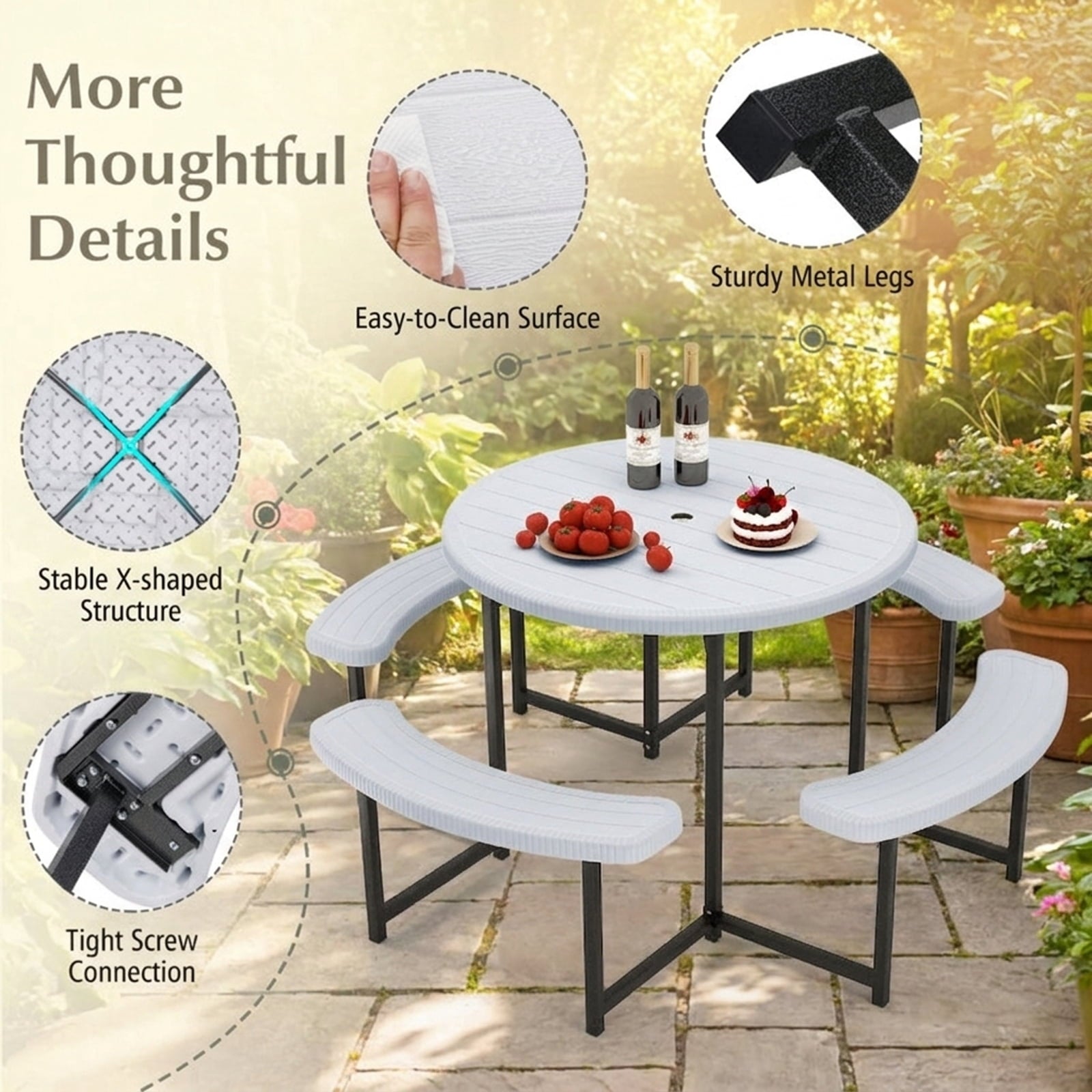 Biotree 62-Inch Round Picnic Table Bench Set with 4 Benches and Umbrella Hole for Patio Lawn, White
