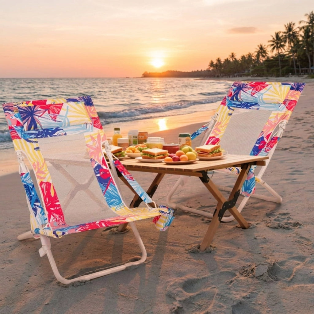Biotree Folding Low Beach Chair Set of 2 Patio Sling Chairs with Padded Head Pillow Stackable Patio Chair for Garden BackyardPink
