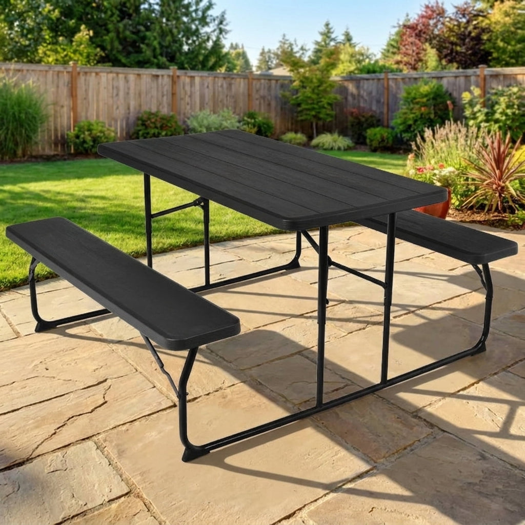 Biotree Indoor and Outdoor Folding Picnic Table Bench Set with Wood-like Texture, Black