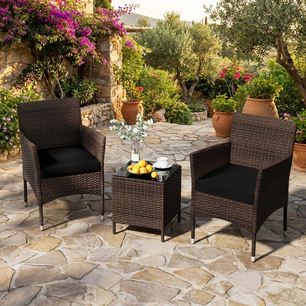 Biotree 3 Pieces Outdoor Conversation Set with Cushioned Seat and Glass Tabletop Outdoor Conversation Set for Garden Backyard PorchBlack