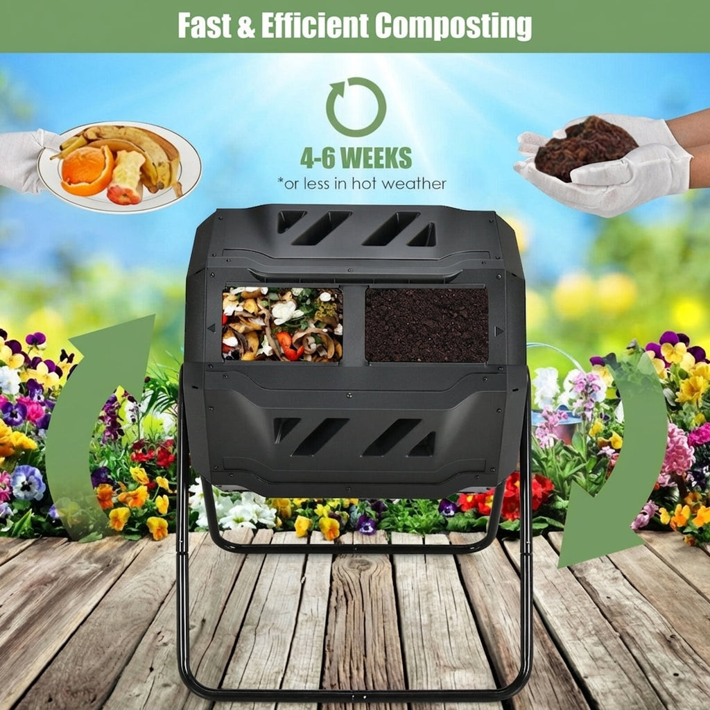 Biotree 43 Gallon Composting Tumbler Compost Bin with Dual Rotating Chamber Outdoor Garden Organic Yard