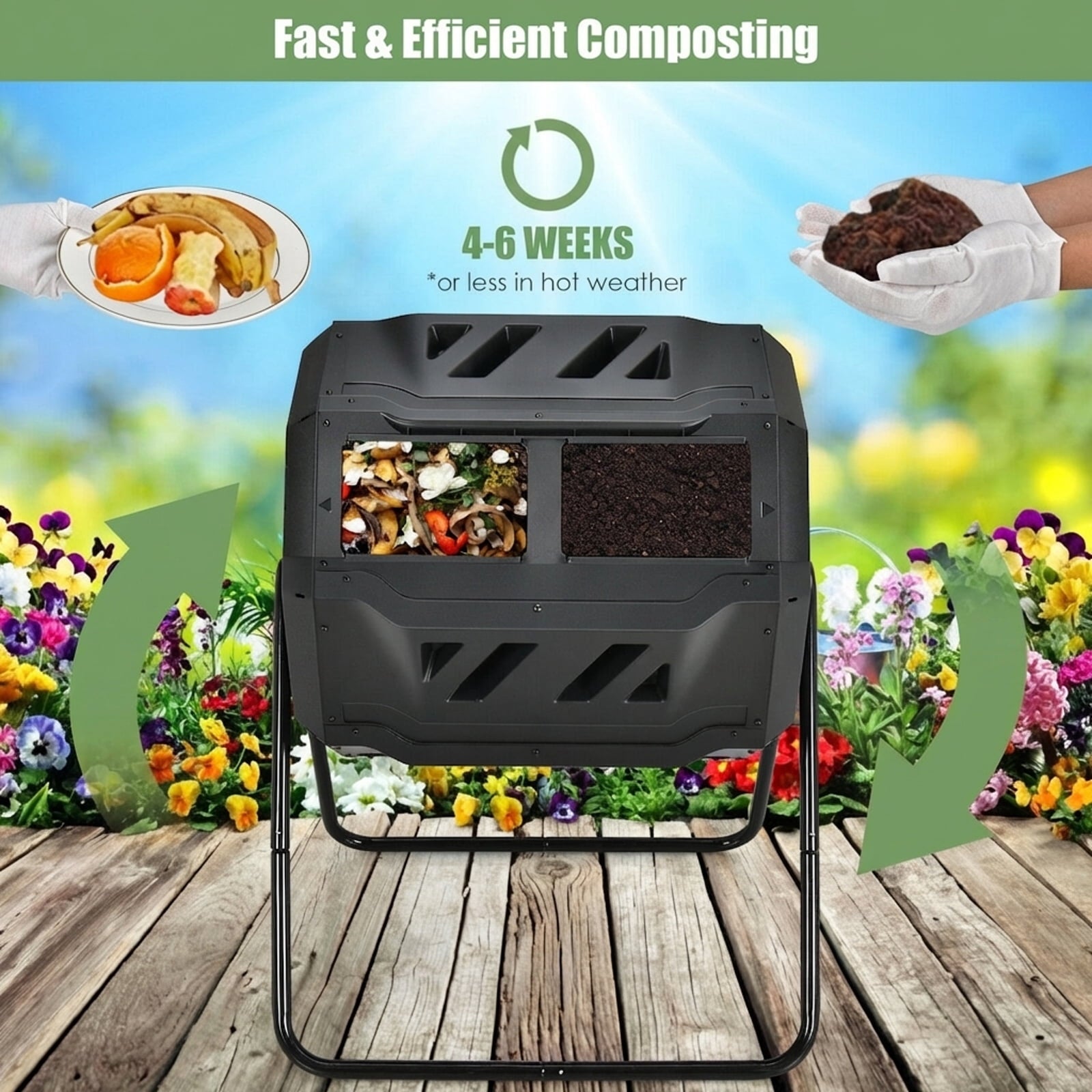 Biotree 43 Gallon Composting Tumbler Compost Bin with Dual Rotating Chamber Outdoor Garden Organic Yard