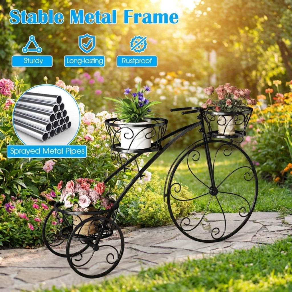Biotree Tricycle Plant Stand Flower Pot Cart Holder with 3 Hollowed Baskets for Indoor Outdoor Patio Balcony Garden, Bronze