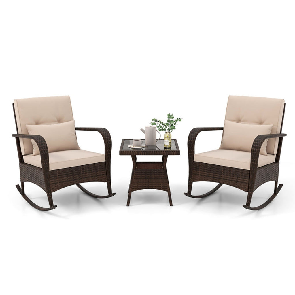 Biotree 3 Piece Outdoor Rocking Set with Tempered Glass Coffee Table for Backyard Poolside Outdoor Conversation Set for Garden Backyard PorchBrown
