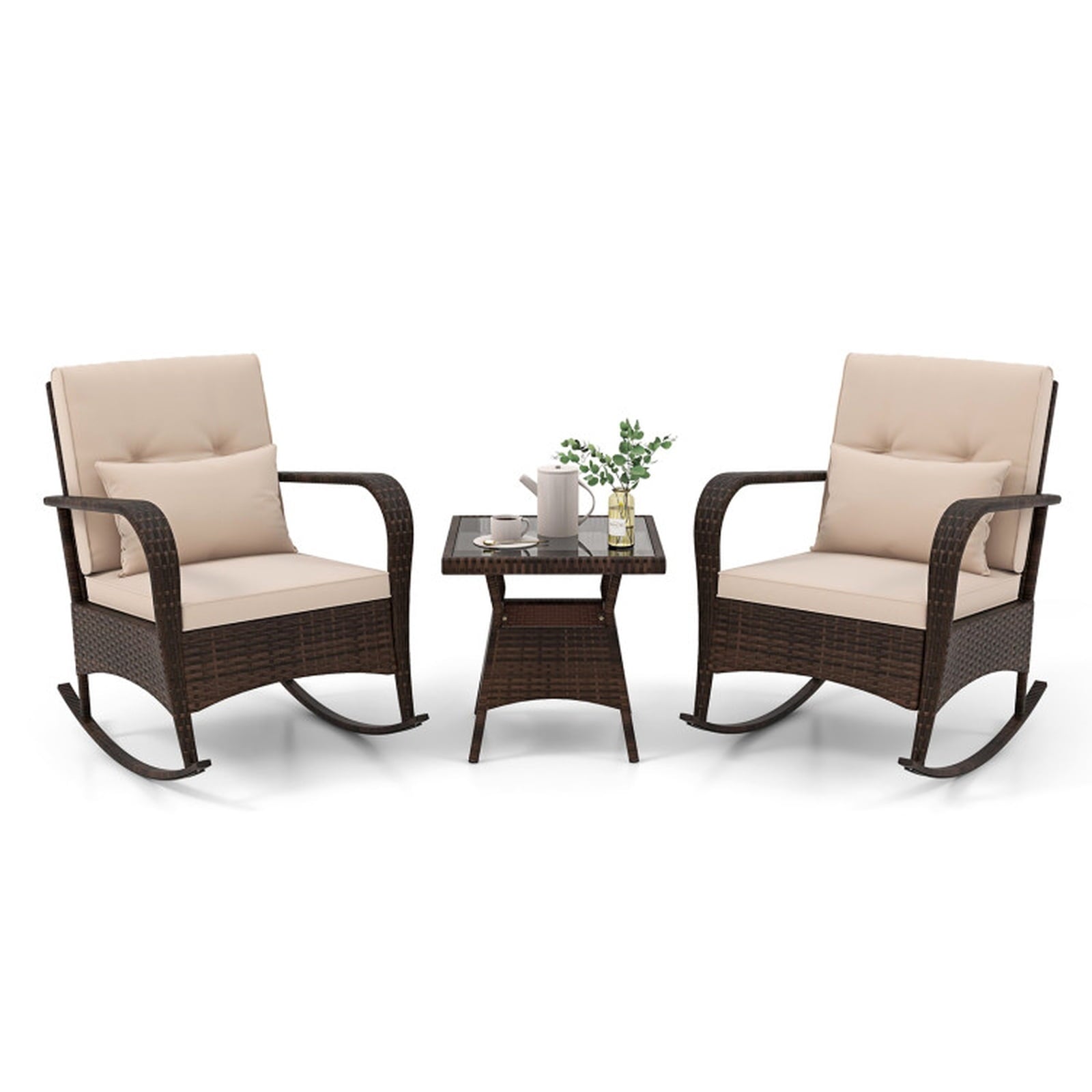 Biotree 3 Piece Outdoor Rocking Set with Tempered Glass Coffee Table for Backyard Poolside Outdoor Conversation Set for Garden Backyard PorchBrown