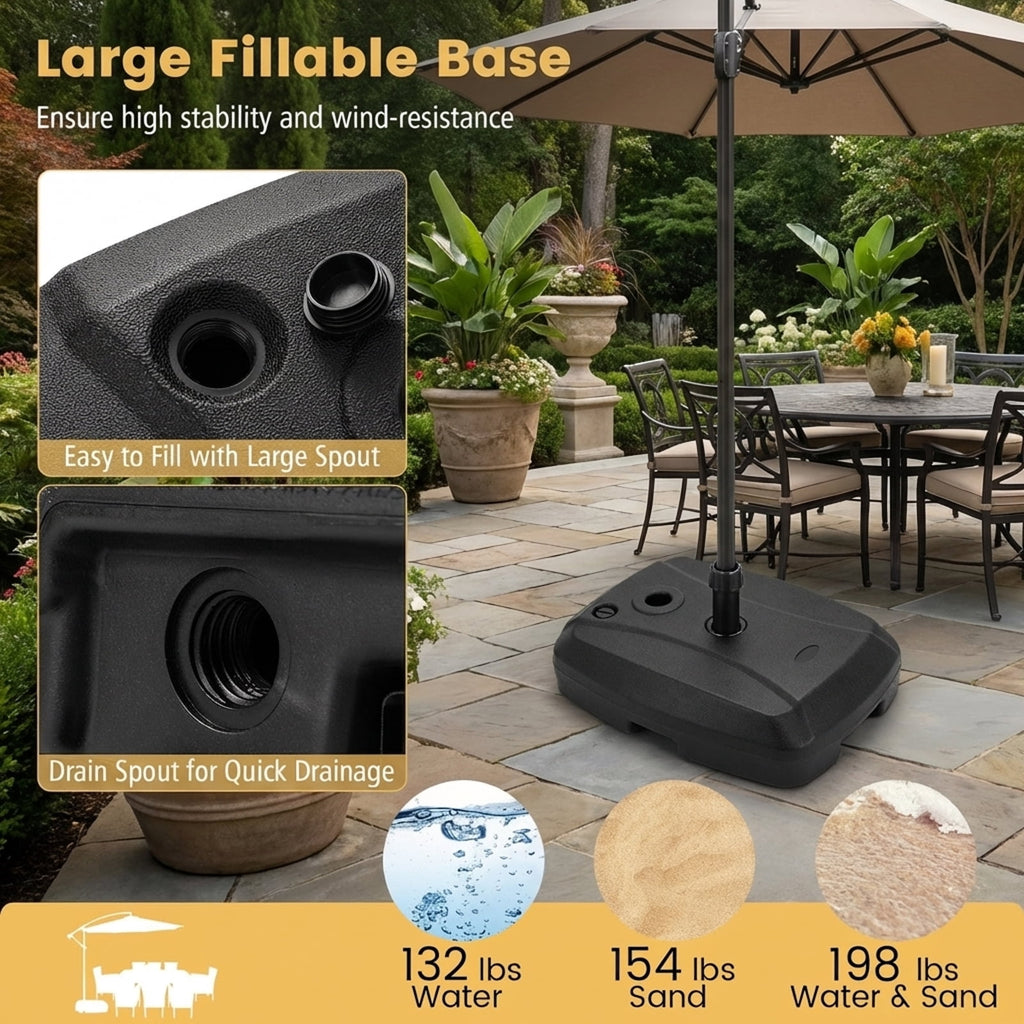 Biotree Fillable Universal Offset Umbrella Base with Cross Base and Wheels-Black Hanging Deck Garden
