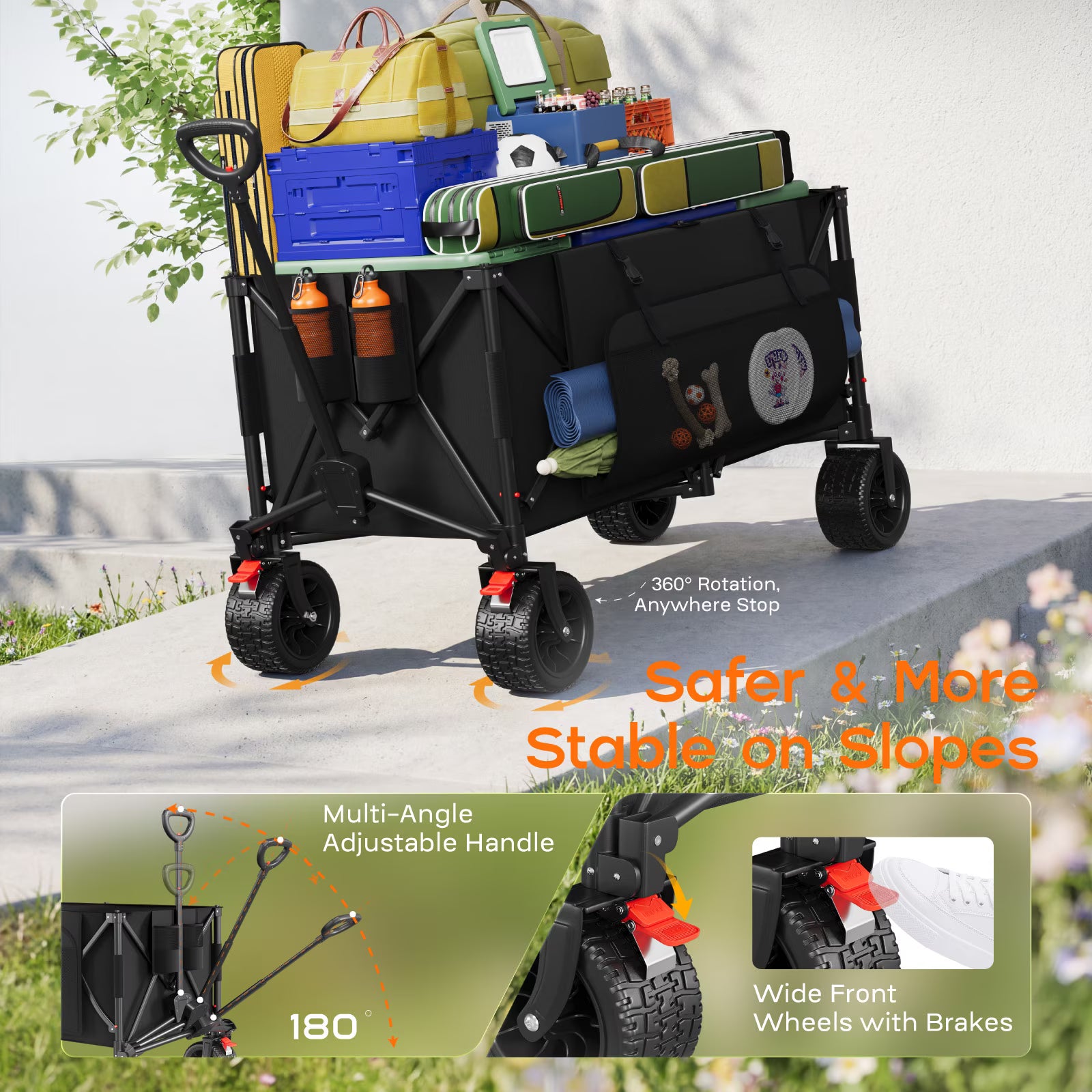 Biotree Collapsible Wagon Cart with Brakes, 300L 600Lbs Heavy Duty Folding Beach Wagon,All Terrain Utility Wagon for Camping Sports Garden Grocery, Black