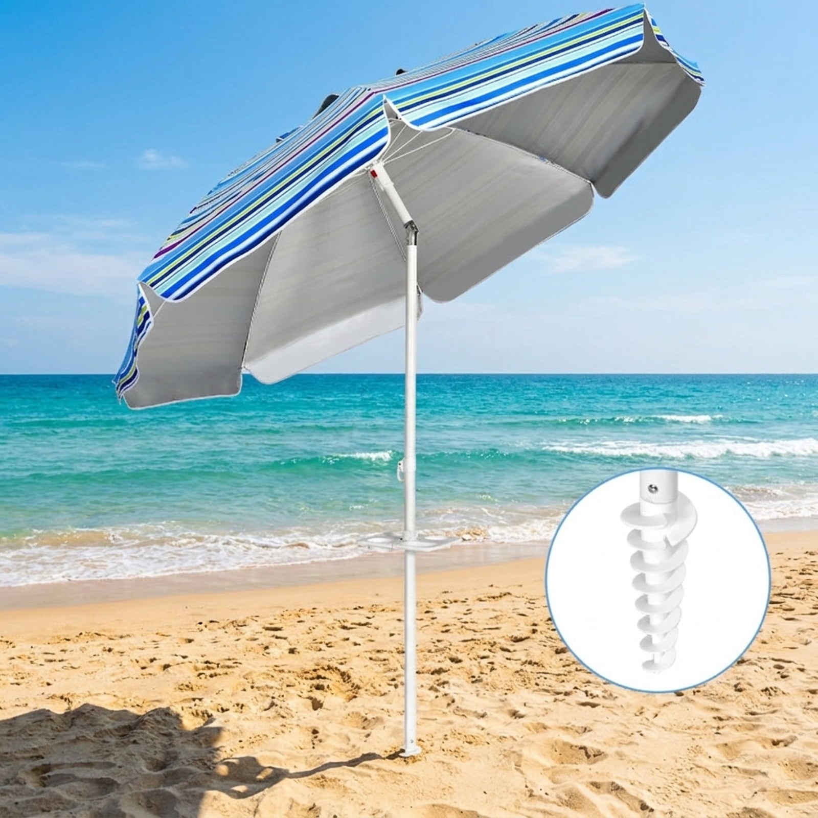 Biotree 7.2 ft Portable Beach Umbrella with Carrying Bag, 8 Ribs, Sand Tilt Mechanism - Blue for Backyard
