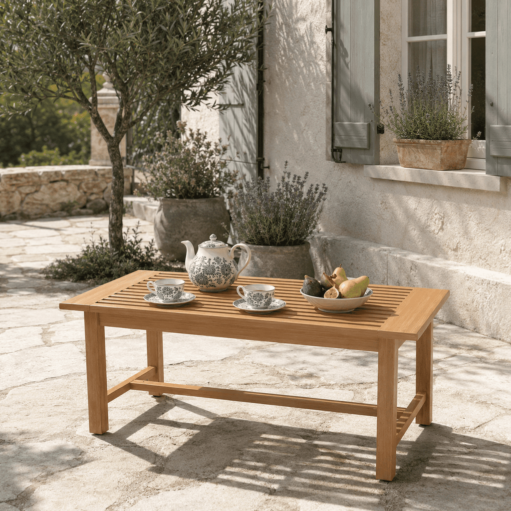 Biotree 36-Inch Rectangular Teak Wood Patio Coffee Table with Slatted Top, Reinforced Outdoor Side Table for Garden, Poolside and Balcony, Natural