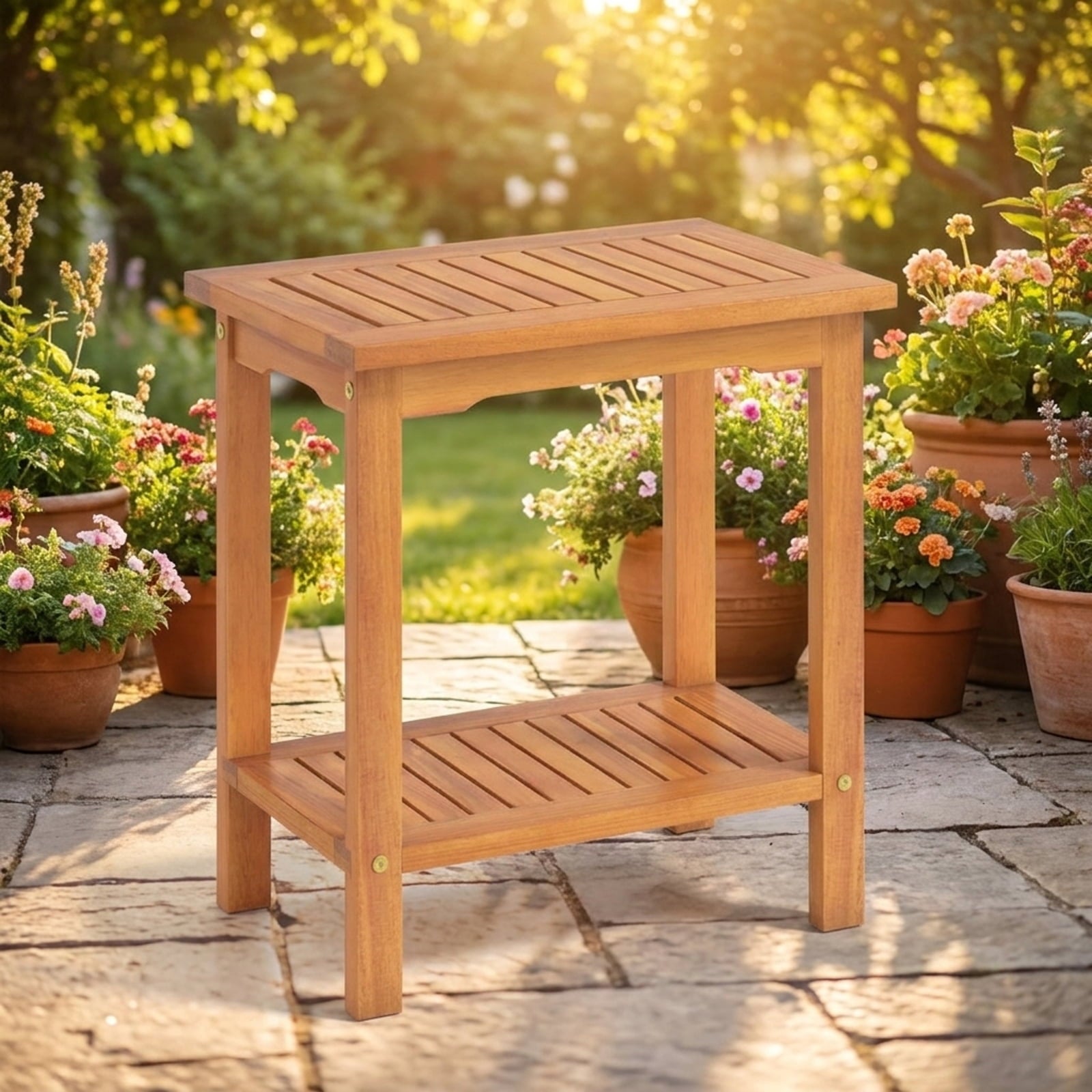 Biotree 2-Tier Outdoor Acacia Wood Side Table with Slatted Tabletop and Storage Shelf, Natural