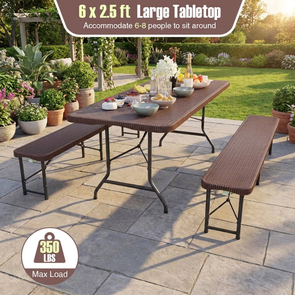 Biotree 6 ft Portable Folding Table with Rattan-Like HDPE Tabletop and Safe Lock Mechanism, Coffee